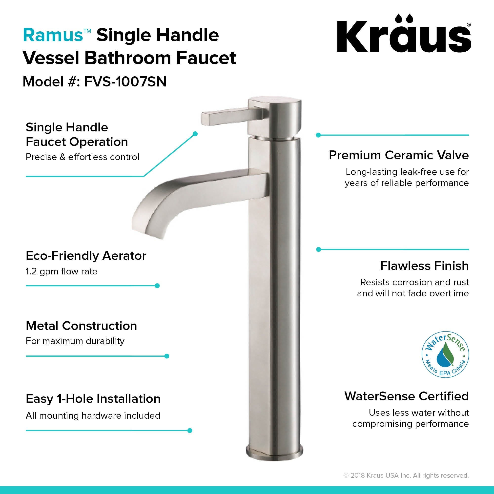 Kraus Ramus Vessel 1 Handle WaterSense High Arc Residential Bathroom Sink Faucet