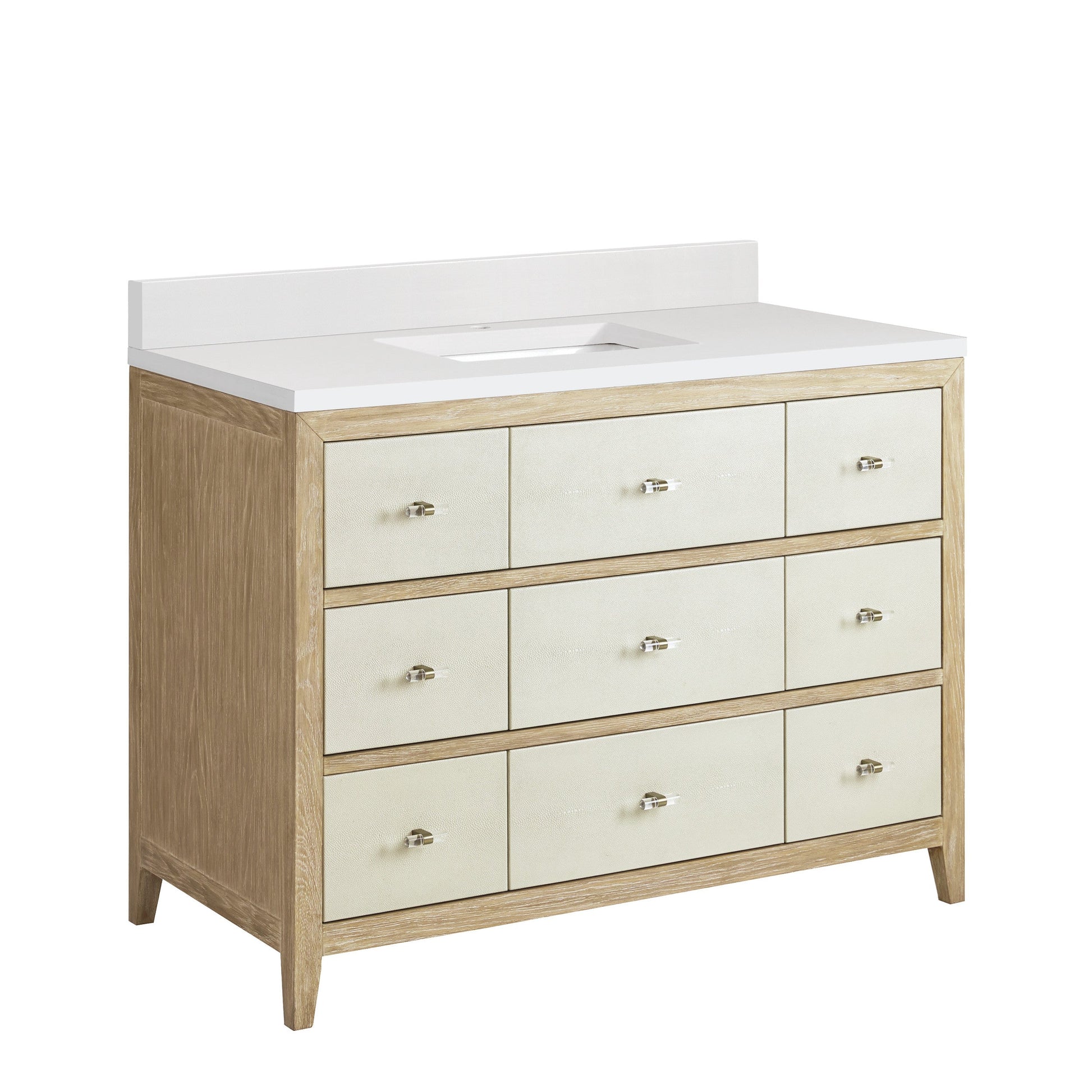 Sunwashed Oak with Embossed Shagreen Drawer Fronts / White Zeus - 1 Faucet Hole