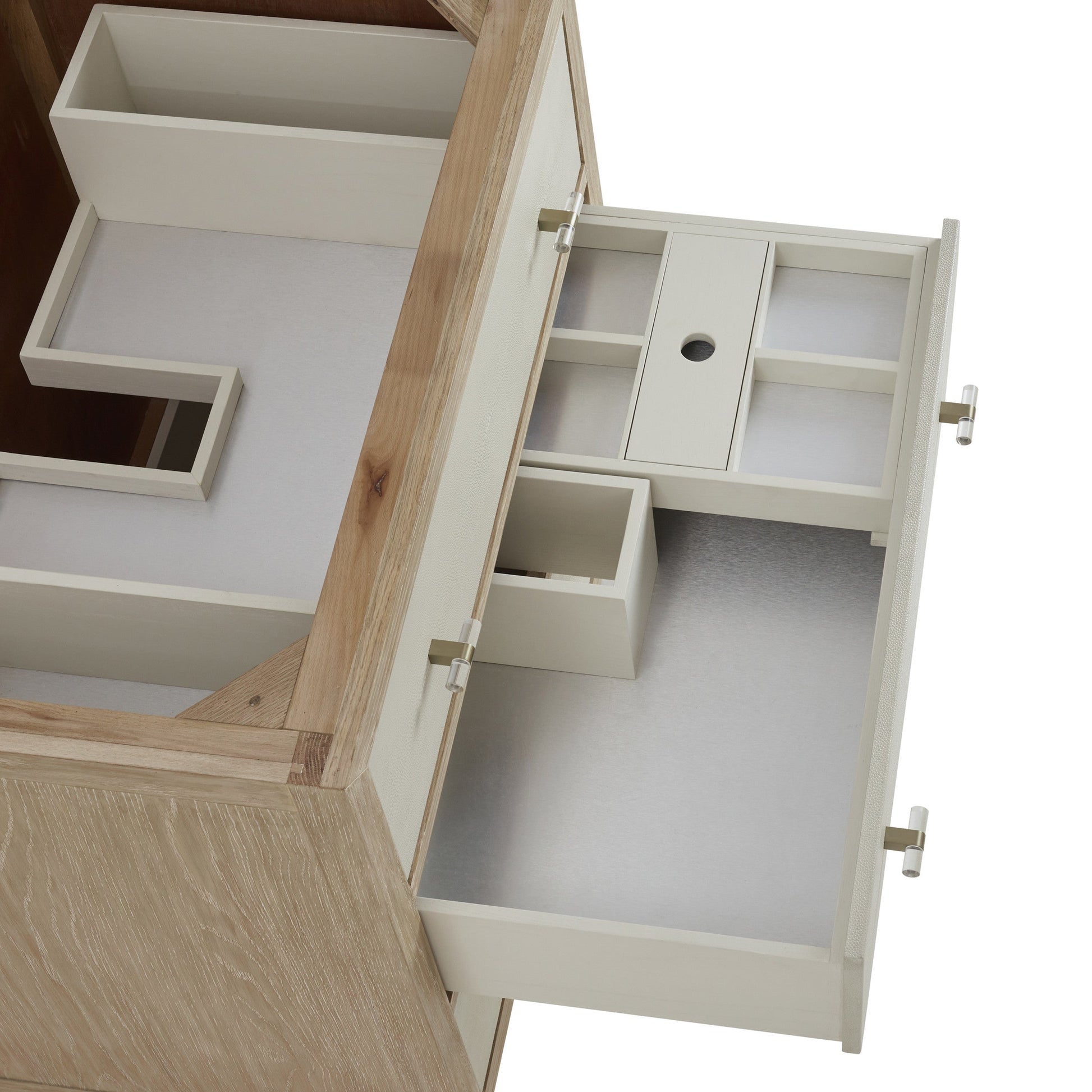 Sunwashed Oak with Embossed Shagreen Drawer Fronts / White Zeus - 3 Faucet Holes