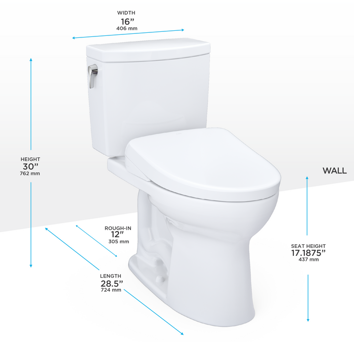 Toto Washlet+ Drake II 1G Two Piece Elongated 1.0 GPF Toilet with Auto Flush Washlet+ S7 Contemporary Bidet Seat
