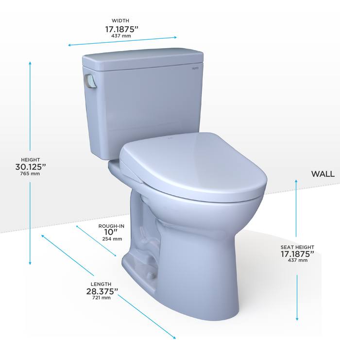 Toto Drake Washlet+ Two Piece Elongated 1.28 GPF Universal Height Tornado Flush Toilet and S7A Contemporary Bidet Seat with Auto Flush - 10" Rough In
