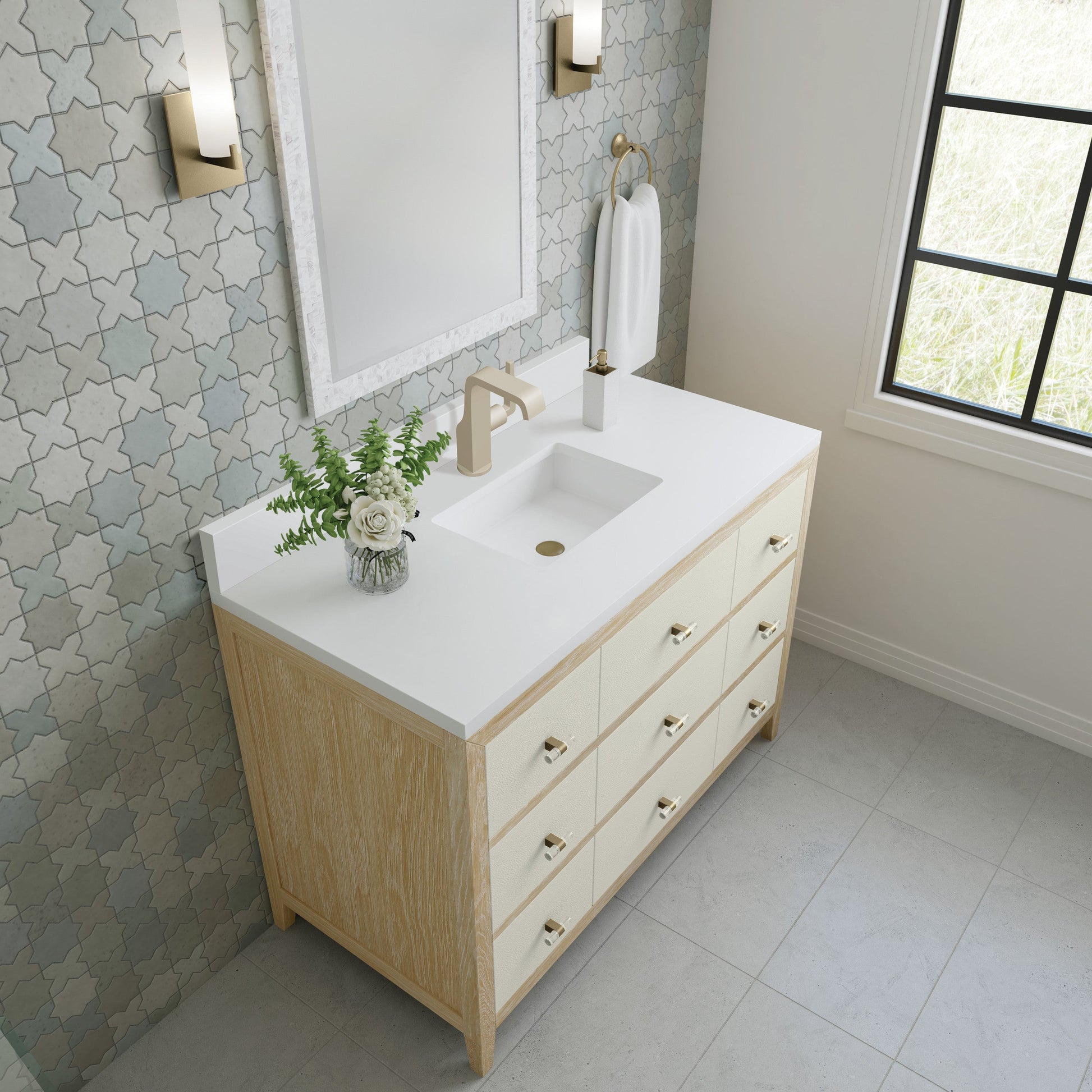 Sunwashed Oak with Embossed Shagreen Drawer Fronts / White Zeus - 1 Faucet Hole