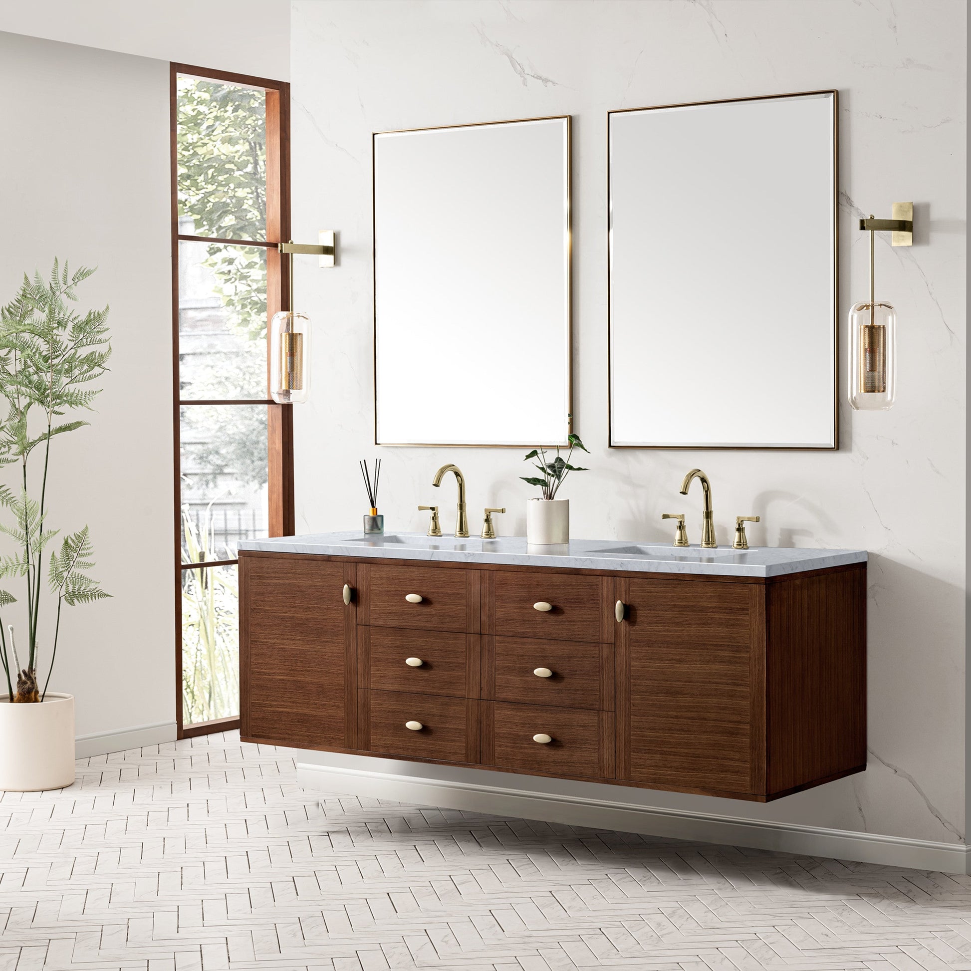 Mid-Century Walnut / Carrara White - 3 Faucet Holes