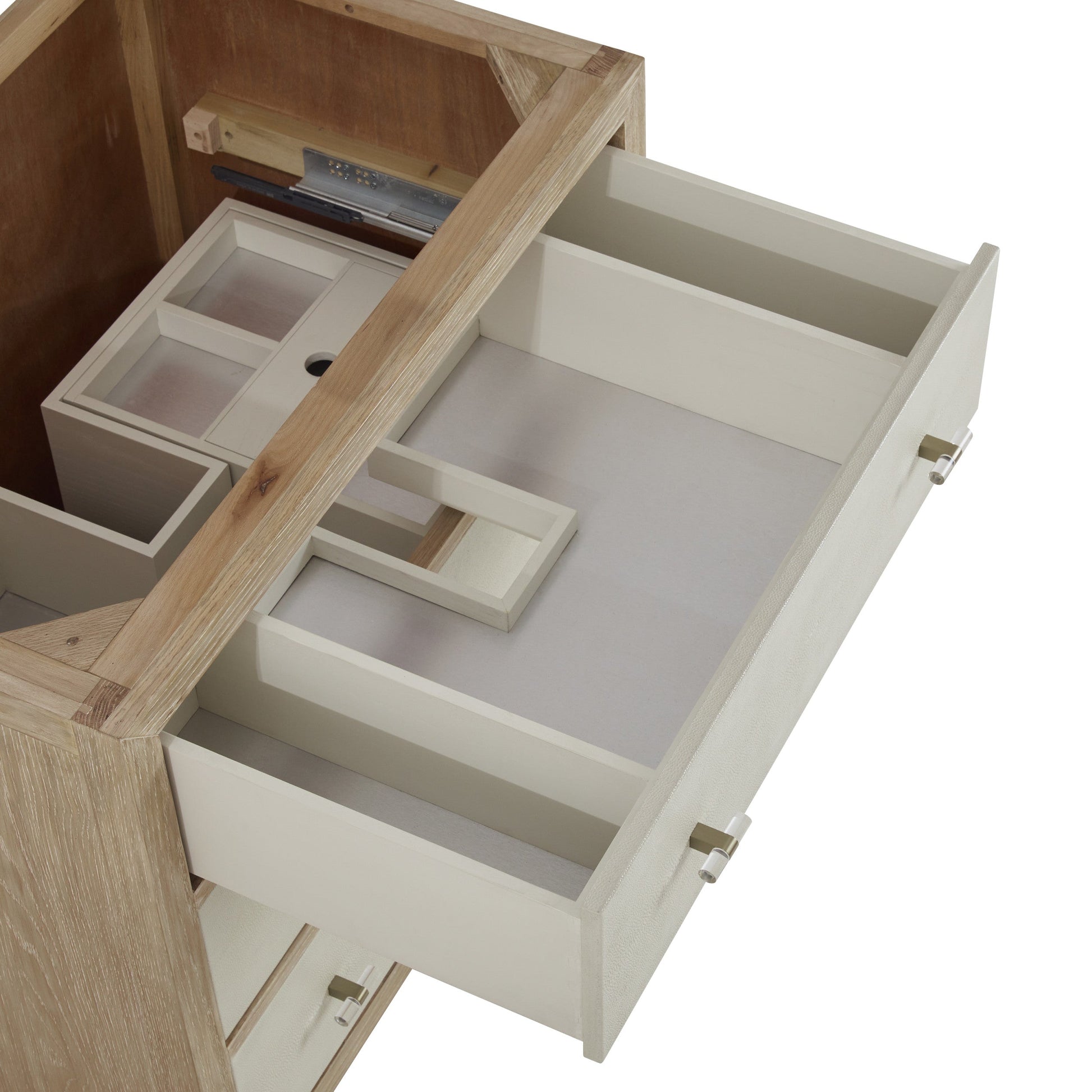 Sunwashed Oak with Embossed Shagreen Drawer Fronts / White Zeus - 3 Faucet Holes