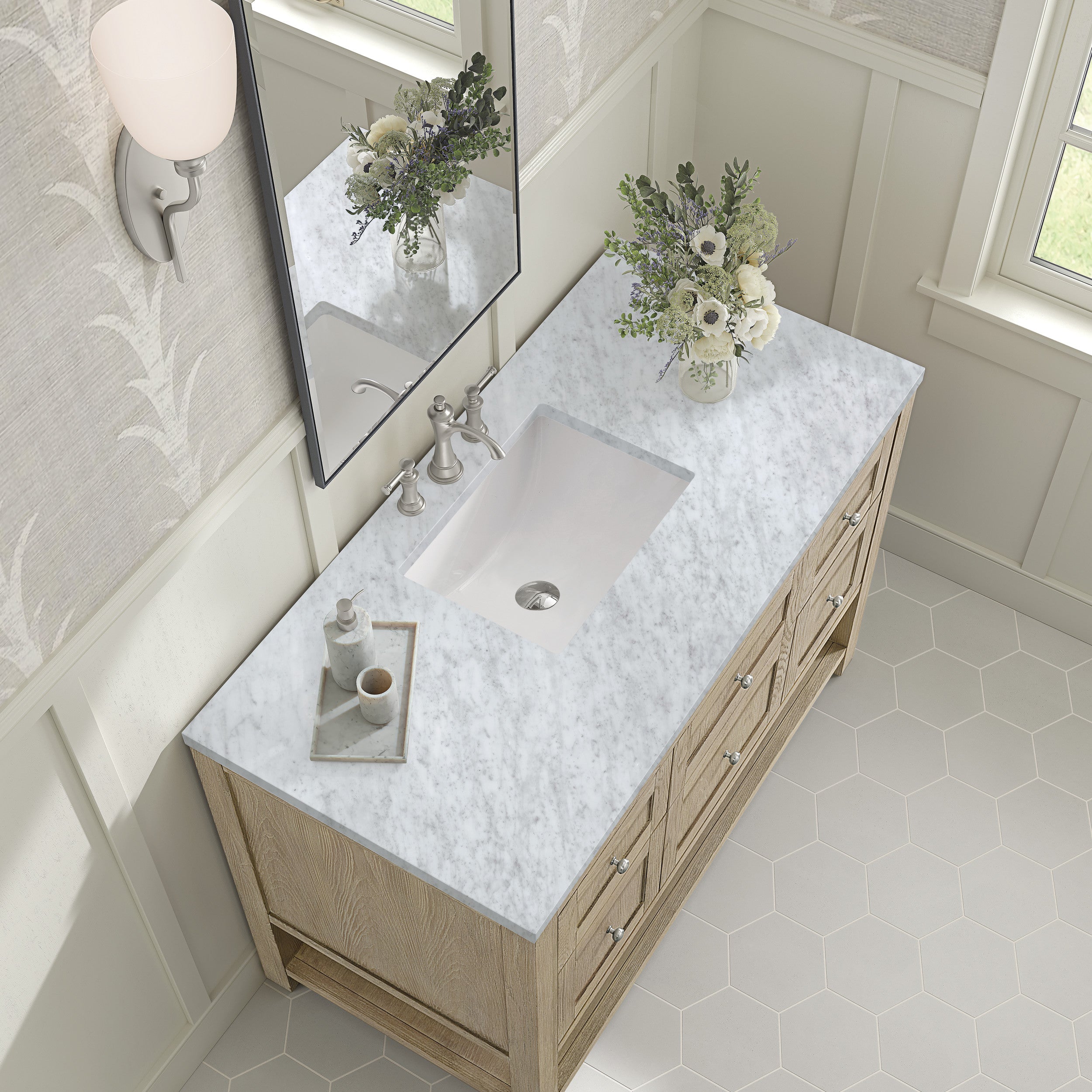 Whitewashed Oak / Carrara White - 3 Faucet Holes