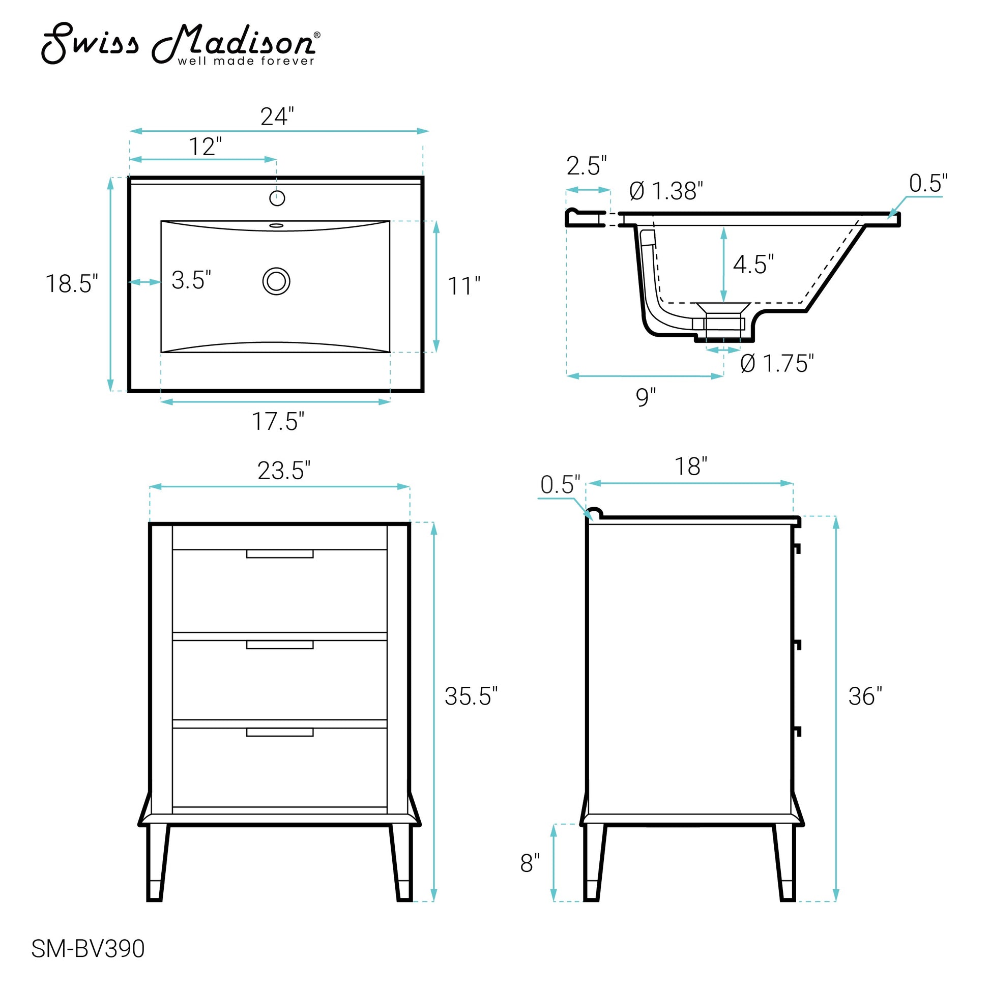Brown Oak / White / 1-Hole