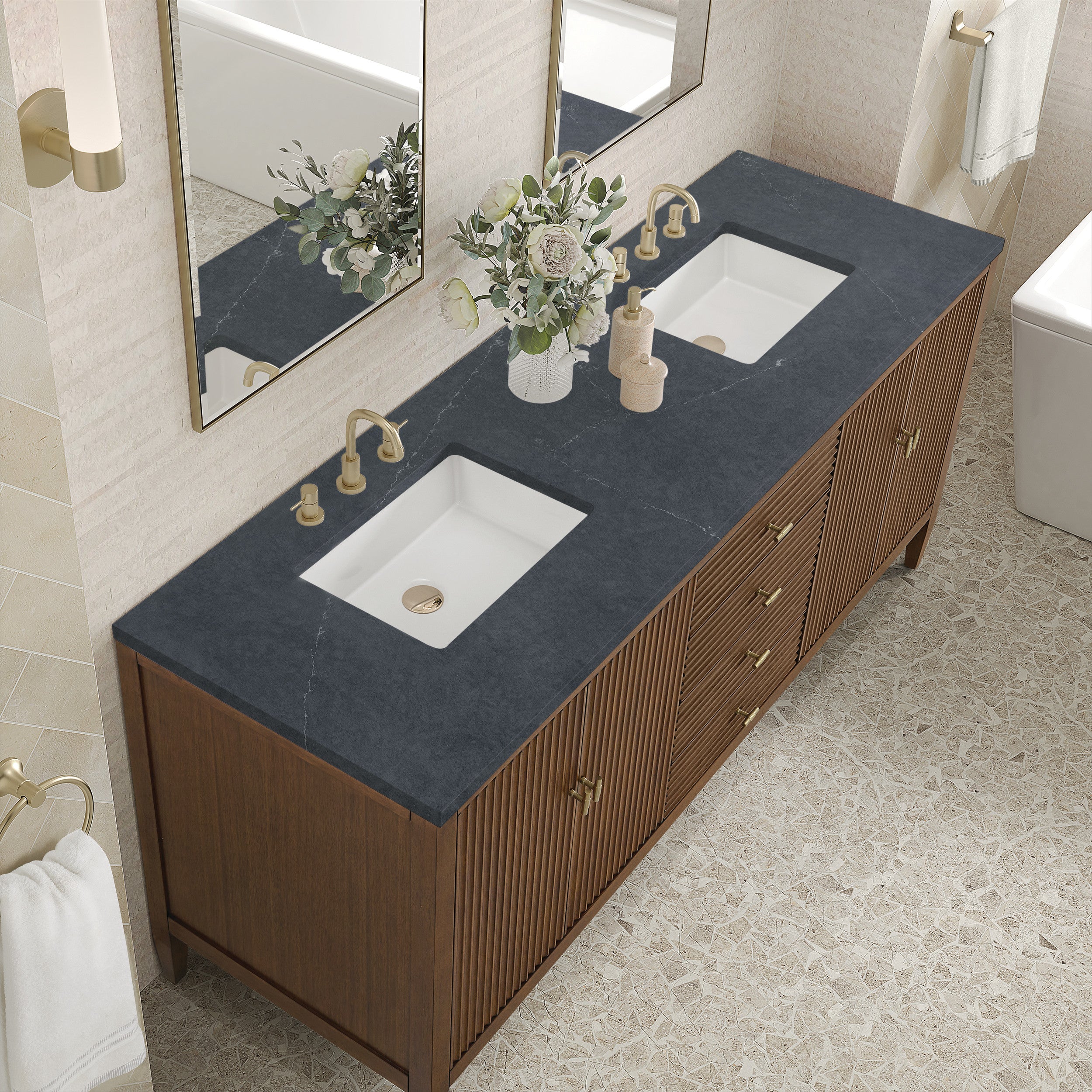 Mid-Century Walnut / Charcoal Soapstone - 3 Faucet Holes