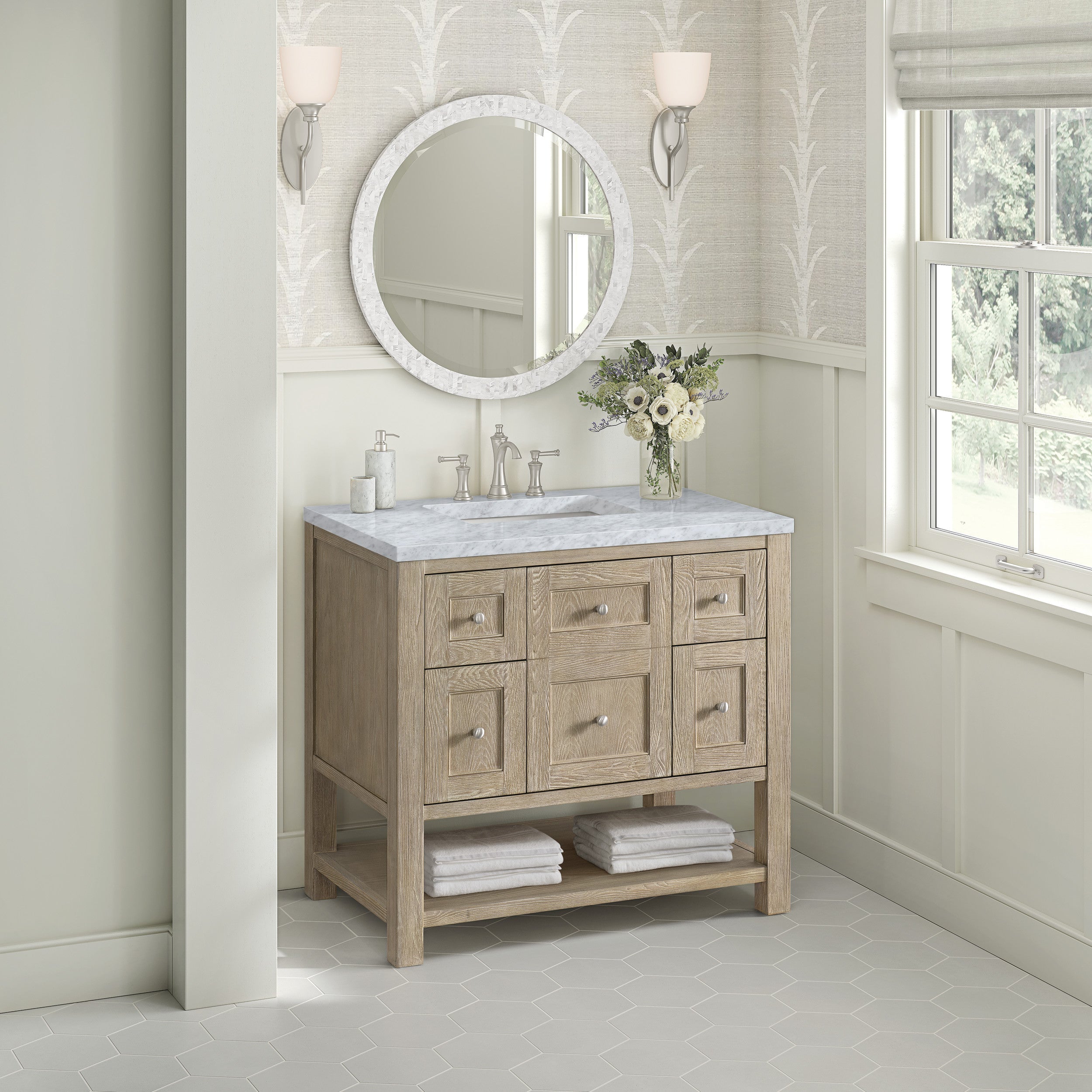 Whitewashed Oak / Carrara White - 3 Faucet Holes