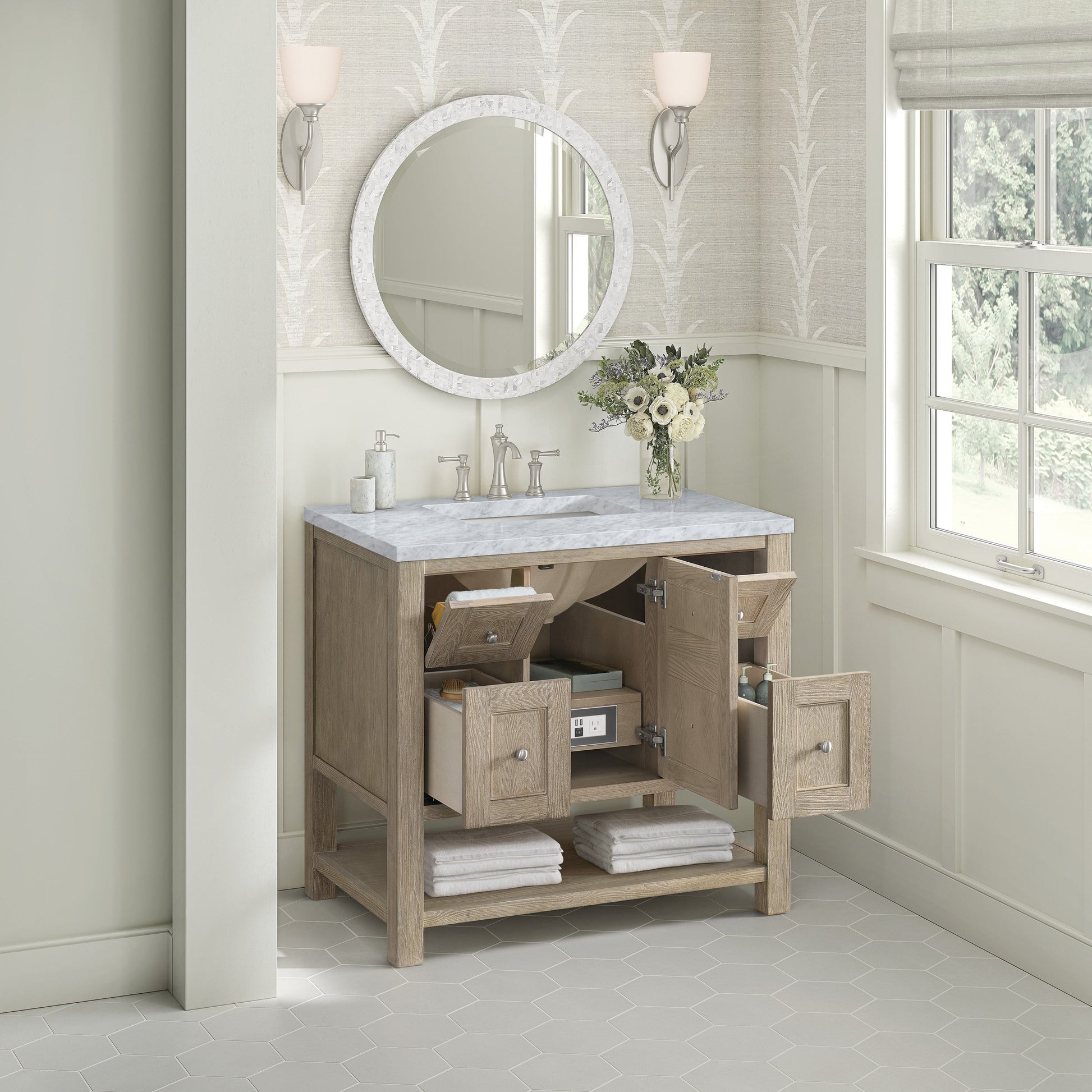 Whitewashed Oak / Carrara White - 3 Faucet Holes