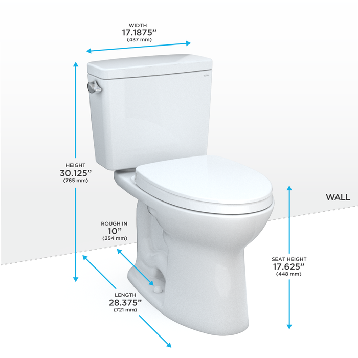 Toto Drake Two Piece Elongated 1.28 GPF Universal Height Tornado Flush Toilet with 10" Rough In - Cefiontect - and Softclose Seat - Washlet+ Ready