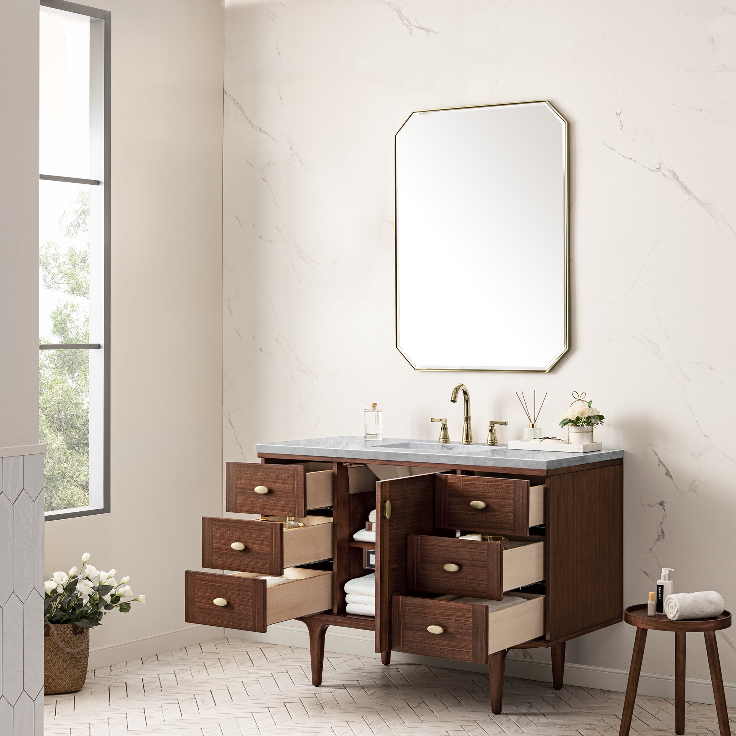 Mid-Century Walnut / Carrara White - 3 Faucet Holes