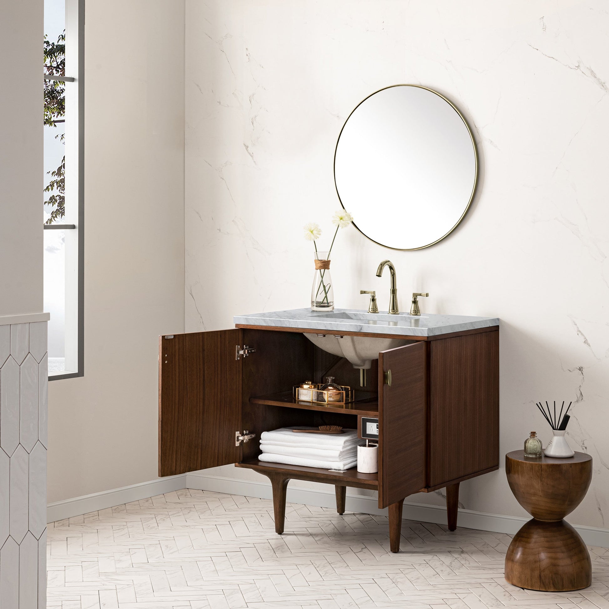 Mid-Century Walnut / Carrara White - 3 Faucet Holes