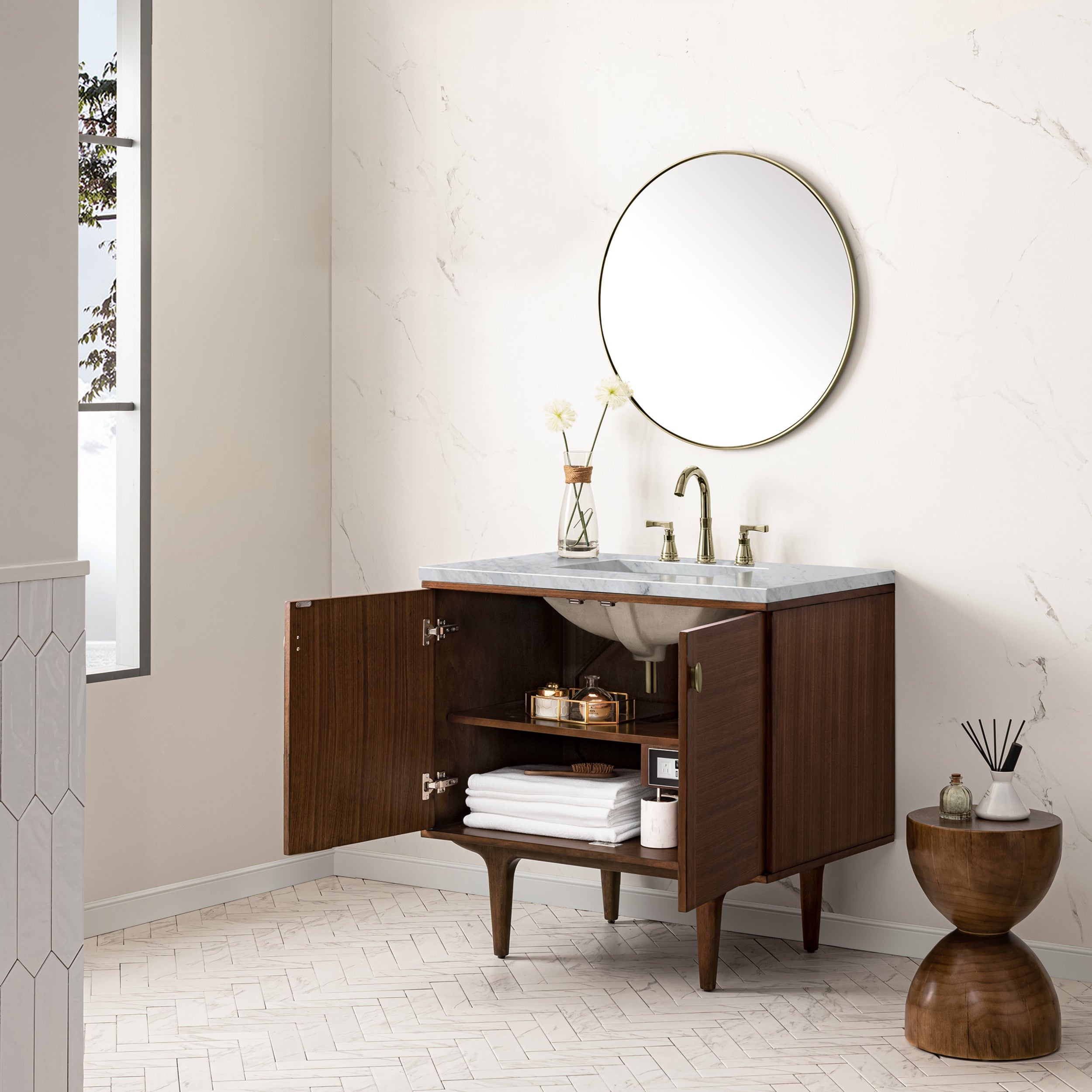 Mid-Century Walnut / Carrara White - 3 Faucet Holes