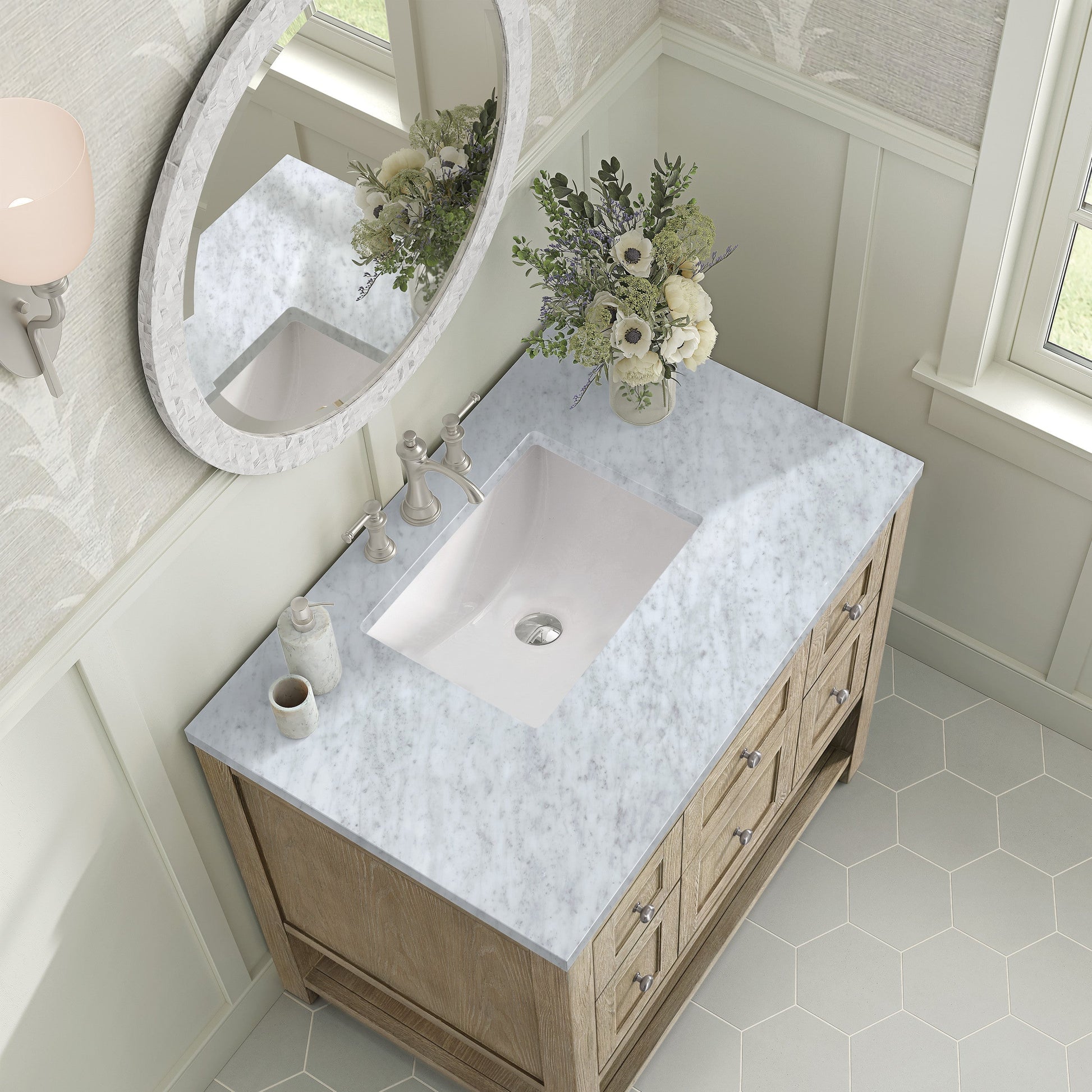Whitewashed Oak / Carrara White - 3 Faucet Holes