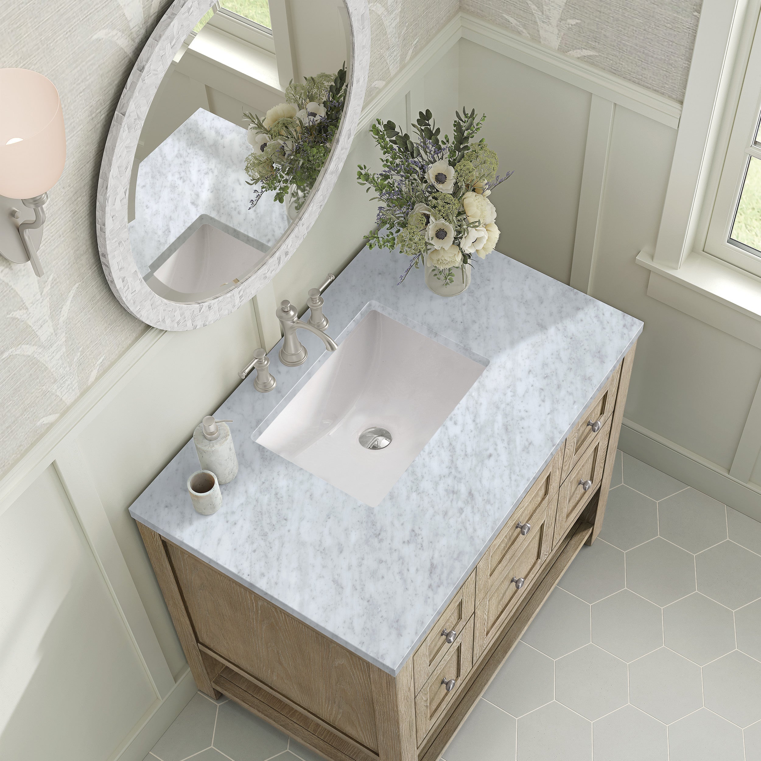 Whitewashed Oak / Carrara White - 3 Faucet Holes
