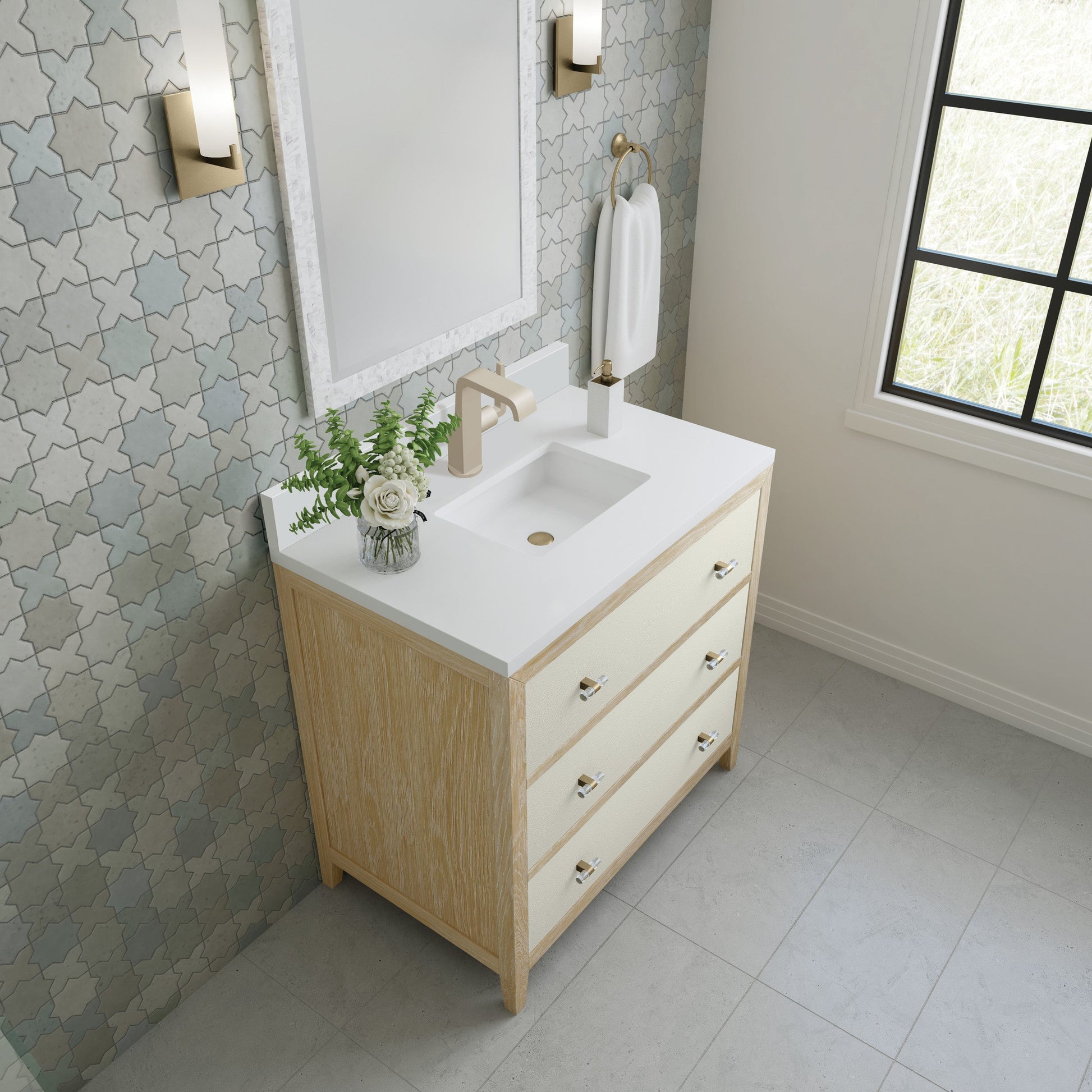Sunwashed Oak with Embossed Shagreen Drawer Fronts / White Zeus - 1 Faucet Hole