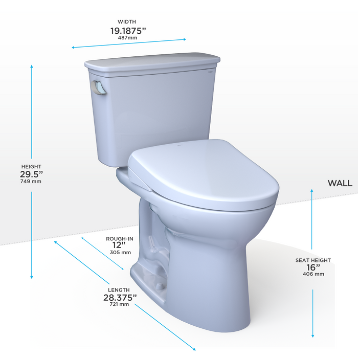 Toto Drake Transitional Washlet+ Two Piece Elongated 1.28 GPF Tornado Flush Toilet and S7 Bidet Seat with Auto Flush