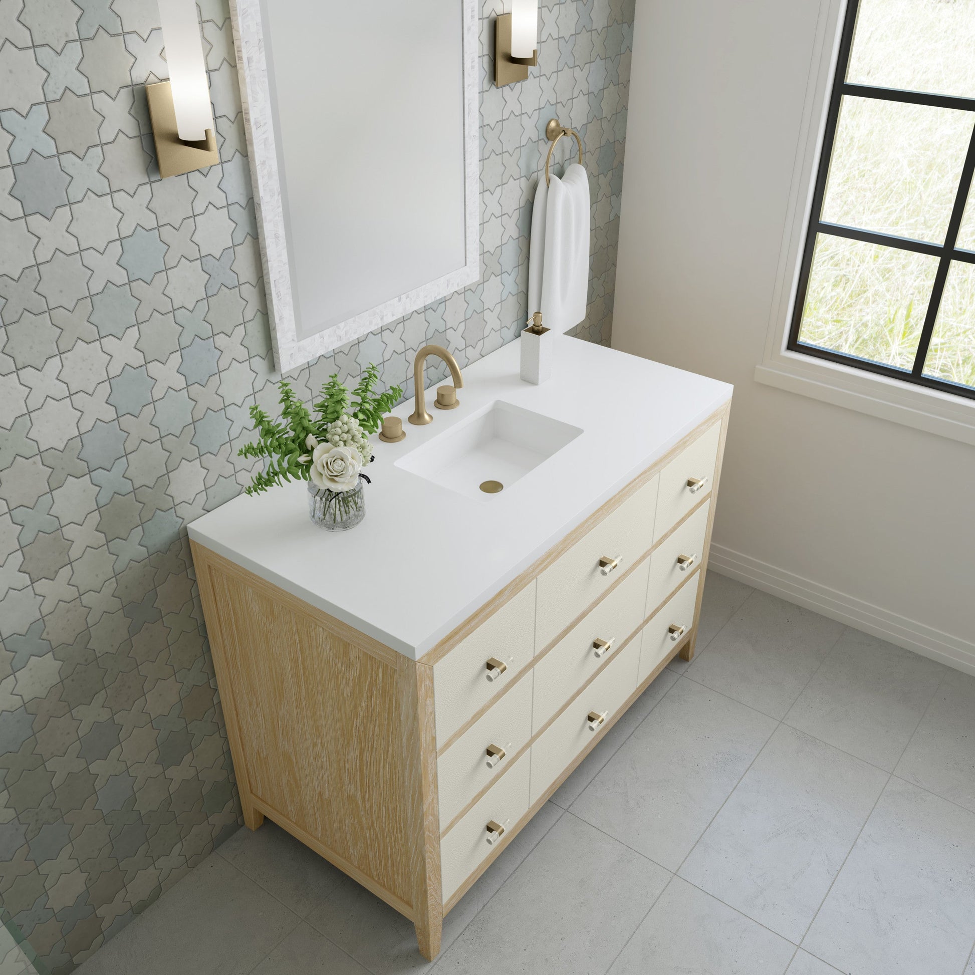 Sunwashed Oak with Embossed Shagreen Drawer Fronts / White Zeus - 3 Faucet Holes