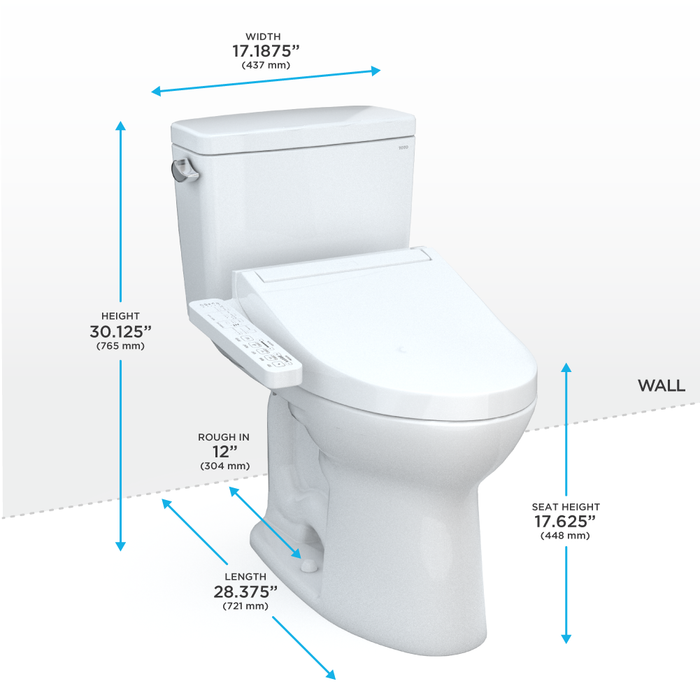 Toto Drake Washlet+ Two Piece Elongated 1.6 GPF Universal Height Tornado Flush Toilet with C2 Bidet Seat