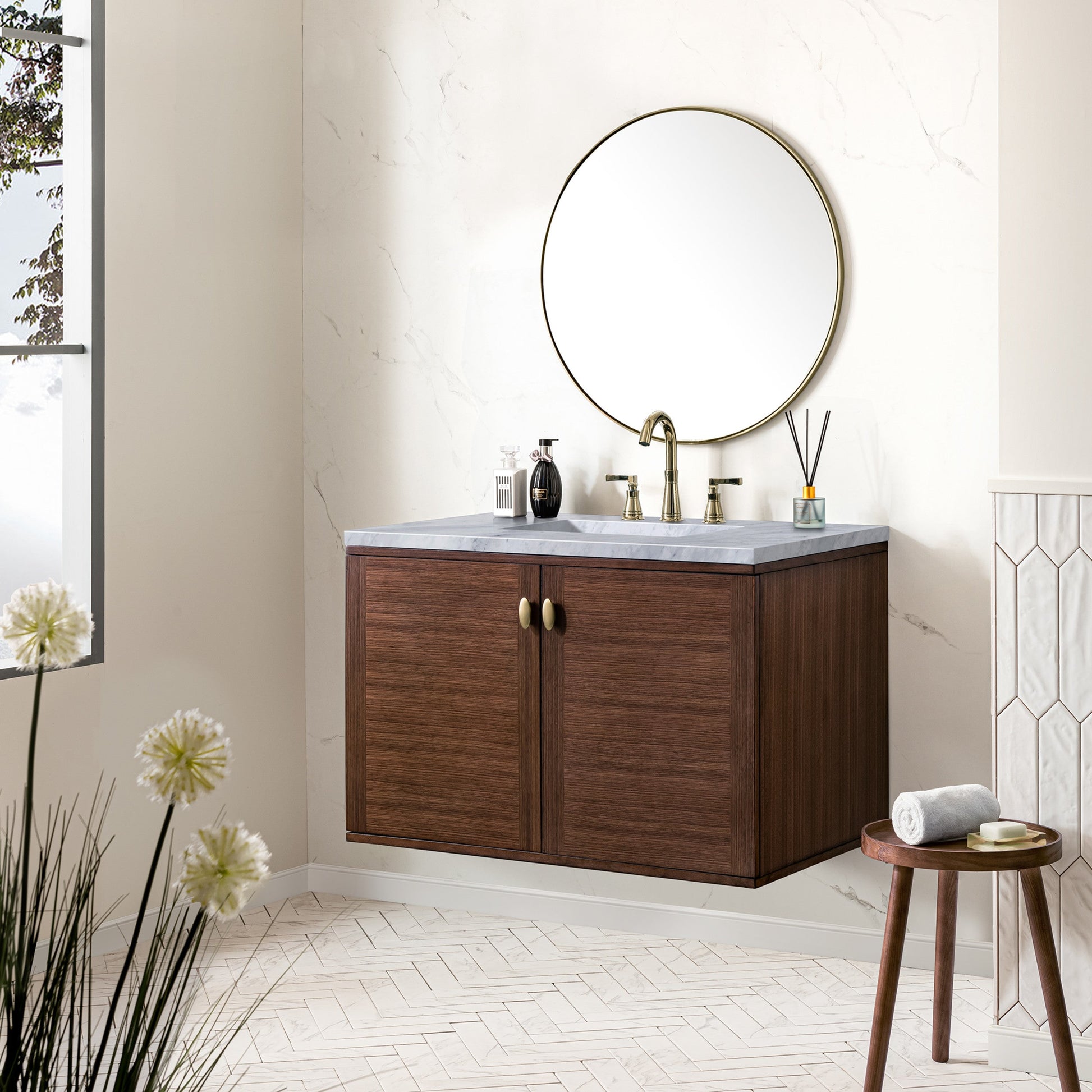 Mid-Century Walnut / Carrara White - 3 Faucet Holes