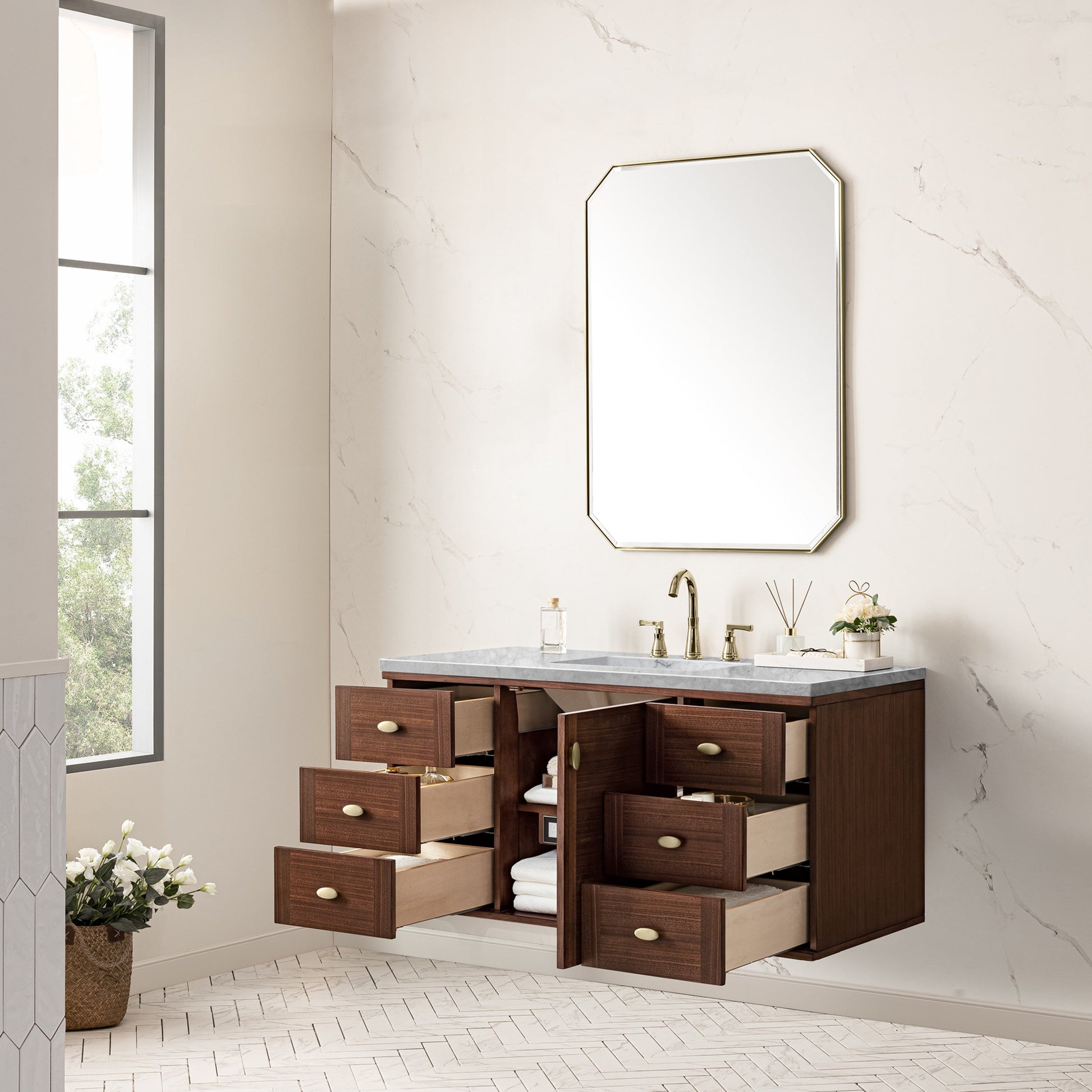 Mid-Century Walnut / Carrara White - 3 Faucet Holes
