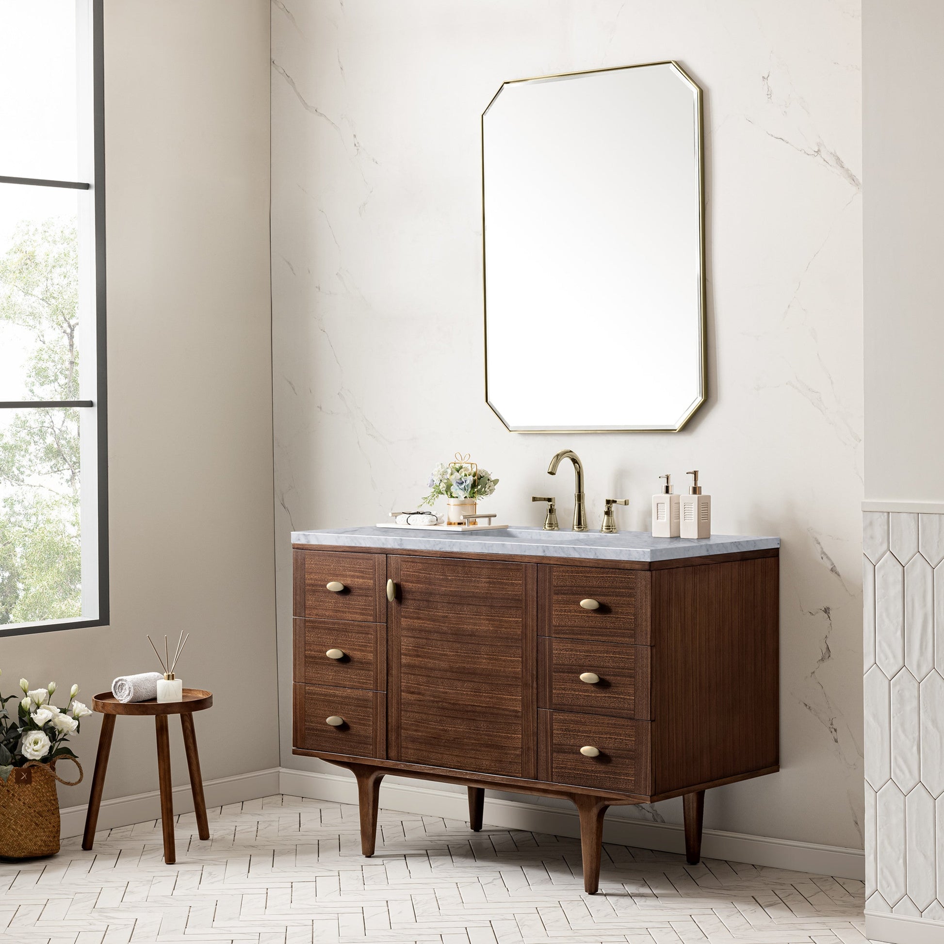 Mid-Century Walnut / Carrara White - 3 Faucet Holes