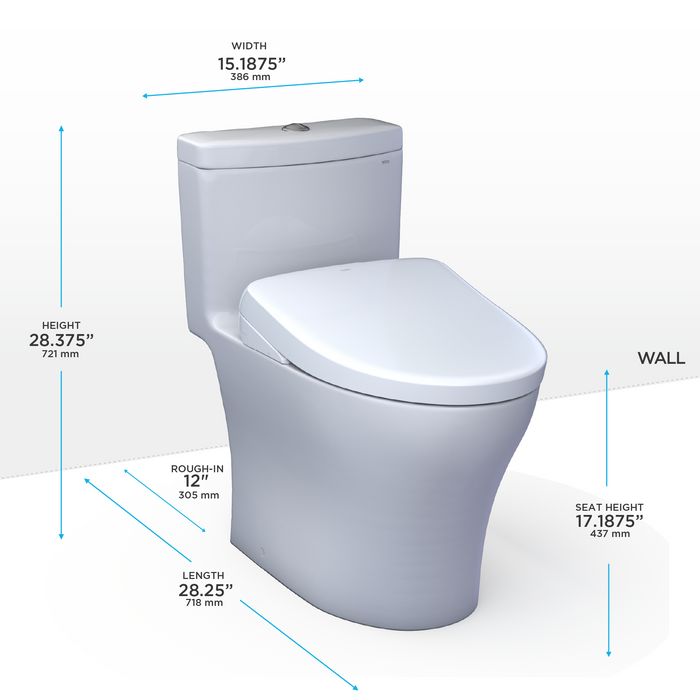 Toto Washlet+ Aquia IV One Piece Elongated Dual Flush 1.28 and 0.9 GPF Toilet with Auto Flush S7A Contemporary Bidet Seat