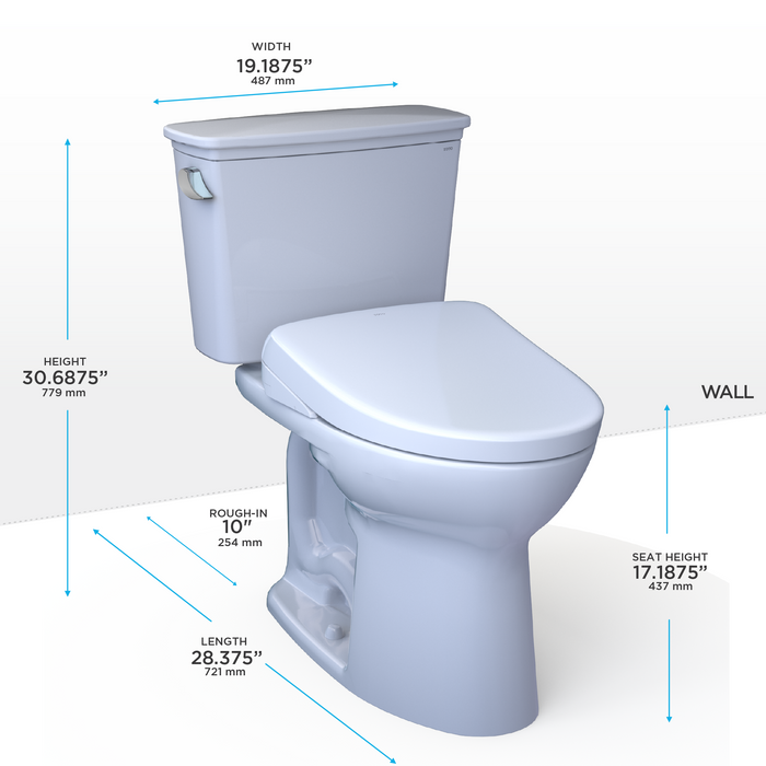 Toto Drake Transitional Washlet+ Two Piece Elongated 1.28 GPF Universal Height Tornado Flush Toilet with S7 Contemporary Bidet Seat