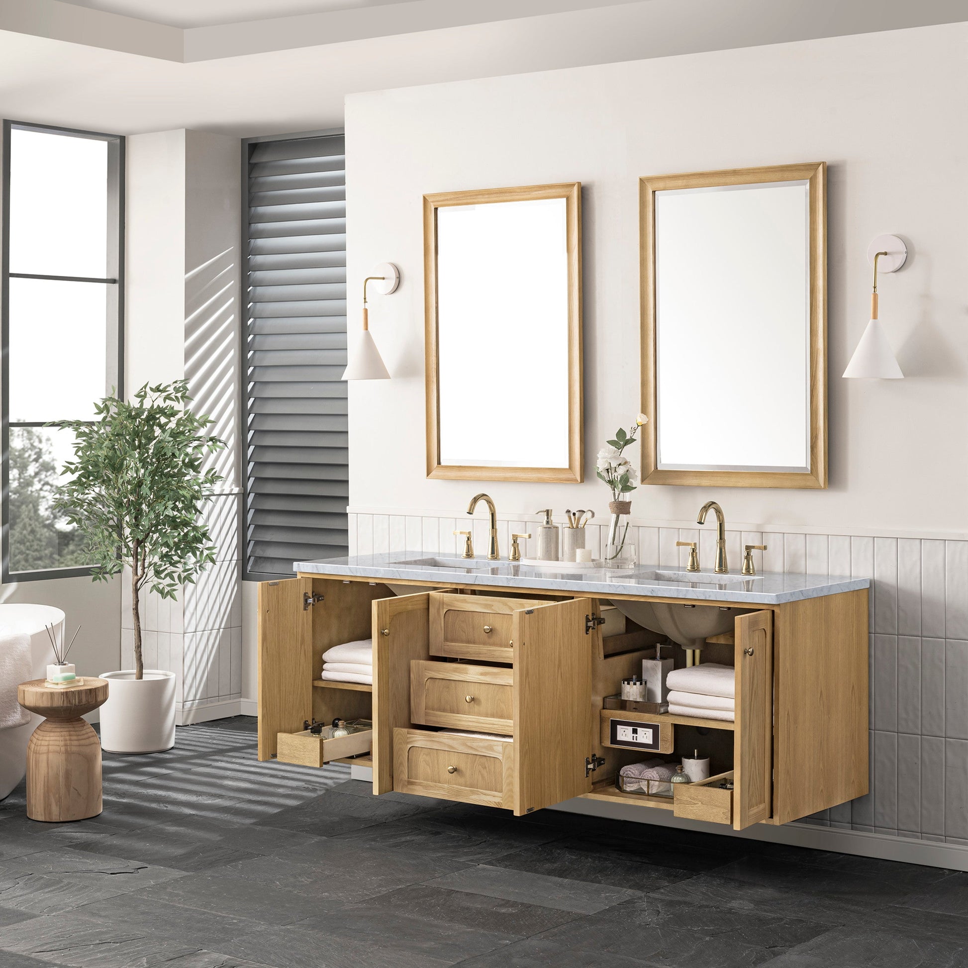 Light Natural Oak / Carrara White - 3 Faucet Holes