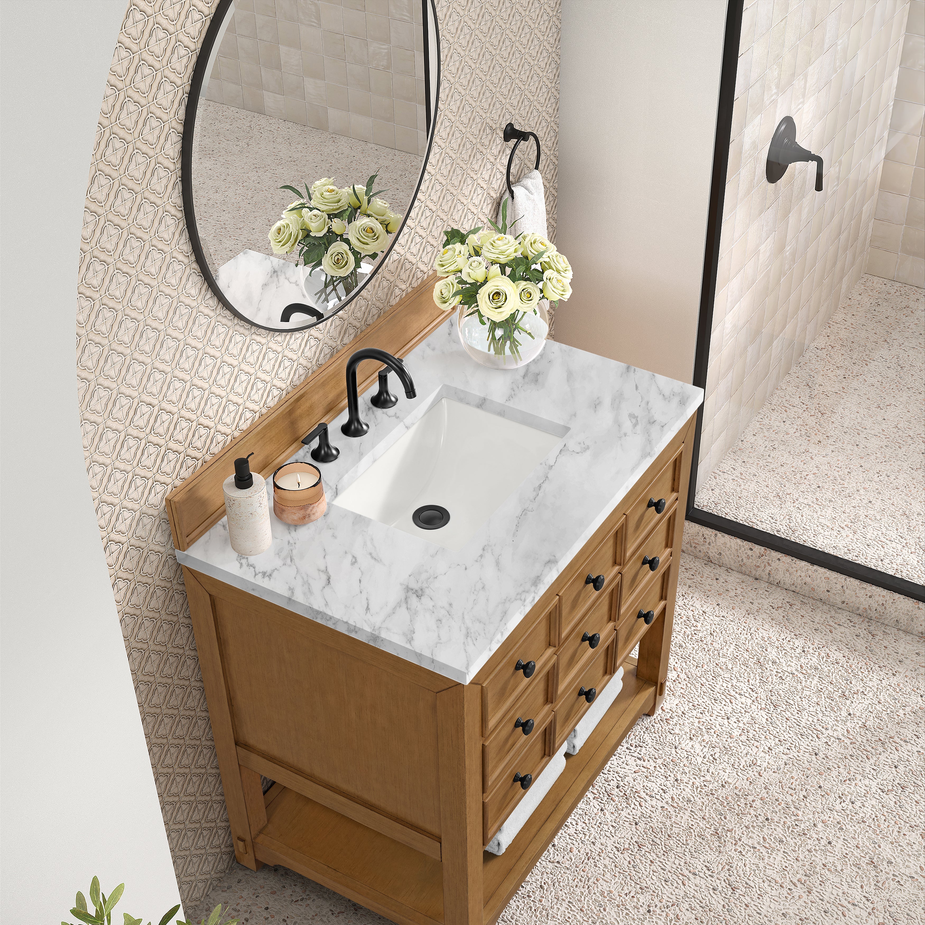 Amber Birch / Carrara White - 3 Faucet Holes