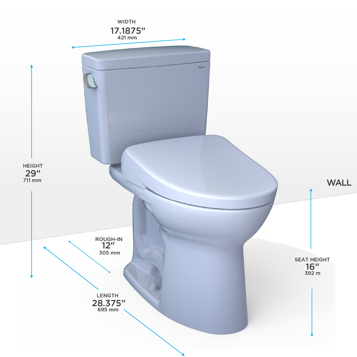 Toto Drake Washlet+ Two Piece Elongated 1.6 GPF Tornado Flush Toilet and S7 Contemporary Bidet Seat with Auto Flush