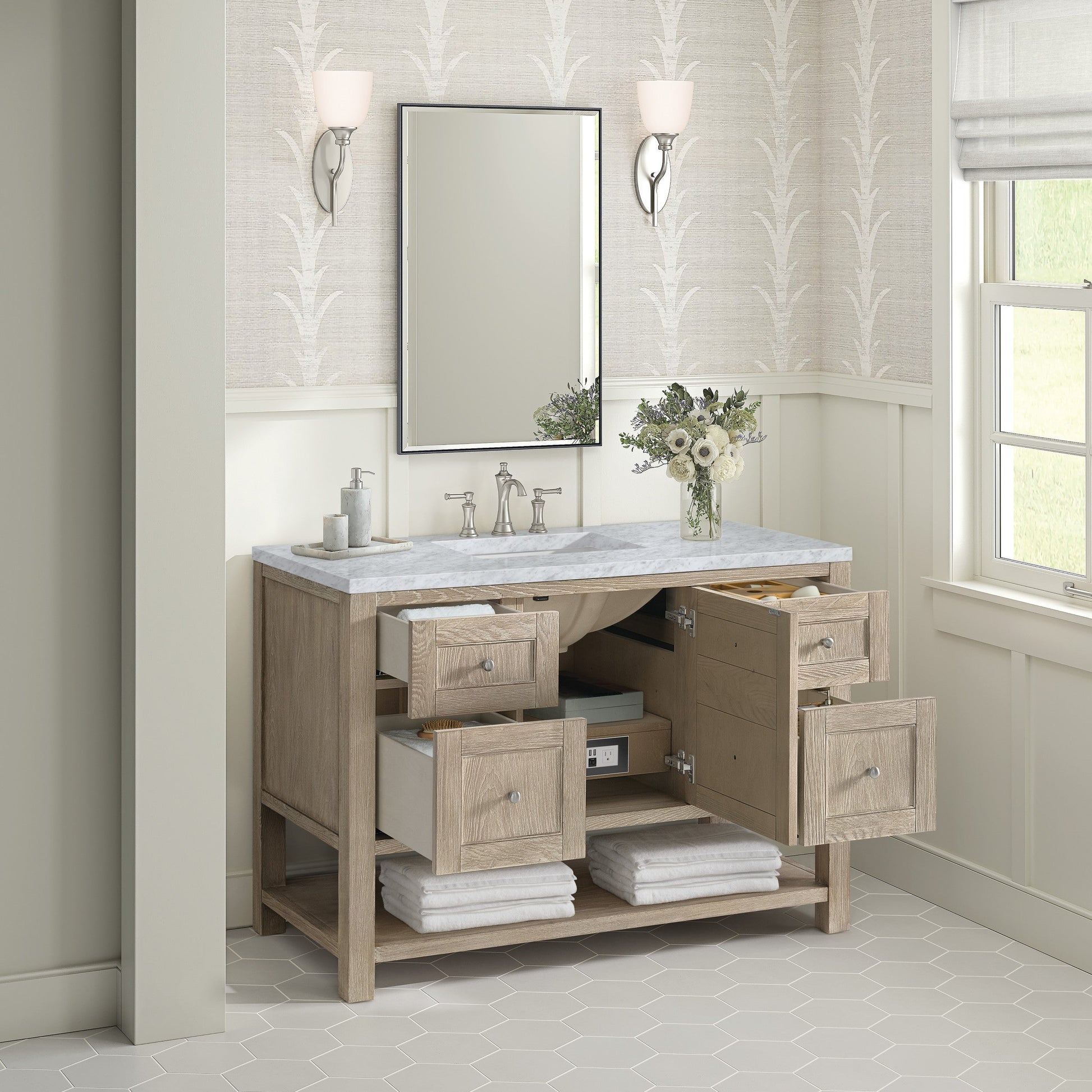 Whitewashed Oak / Carrara White - 3 Faucet Holes