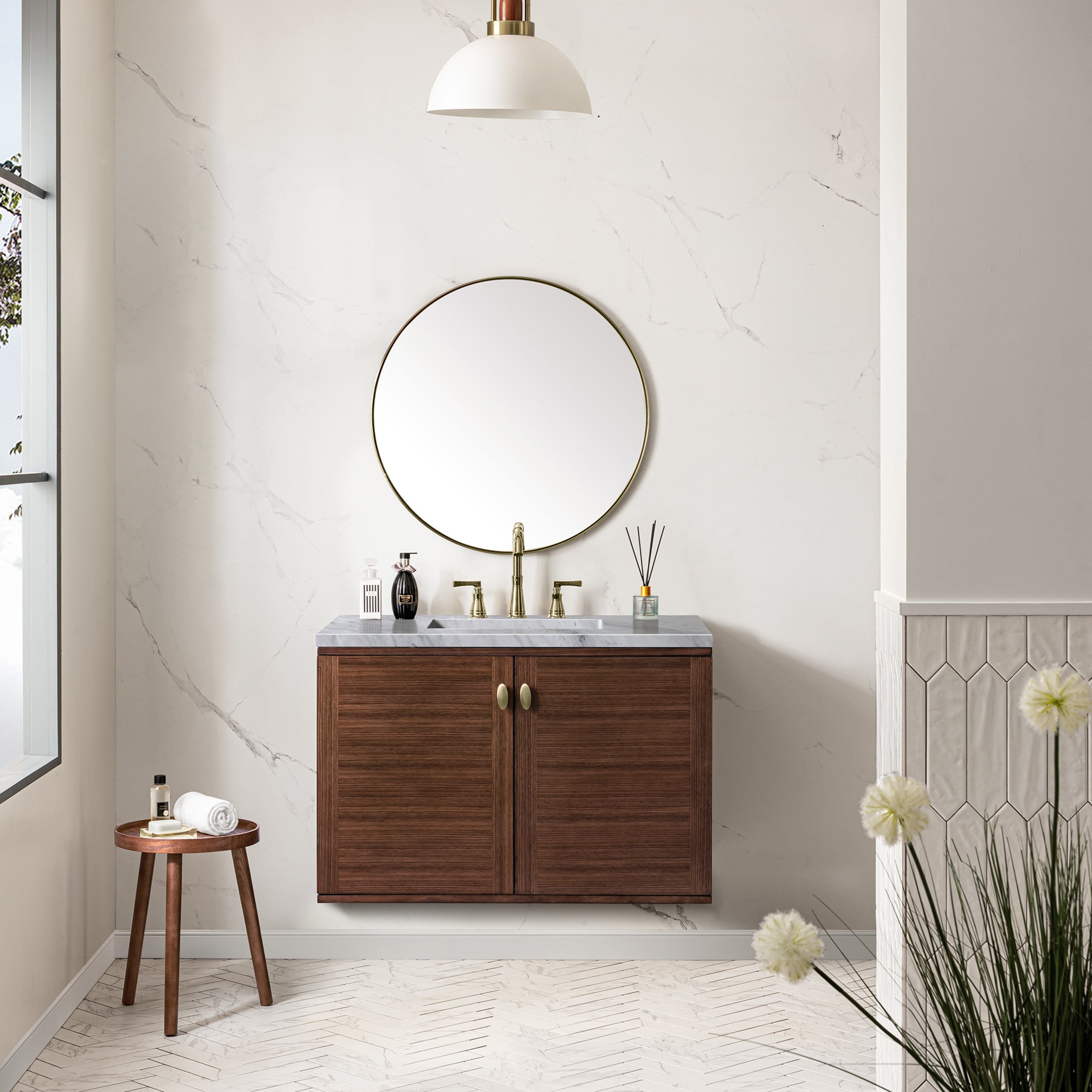 Mid-Century Walnut / Carrara White - 3 Faucet Holes