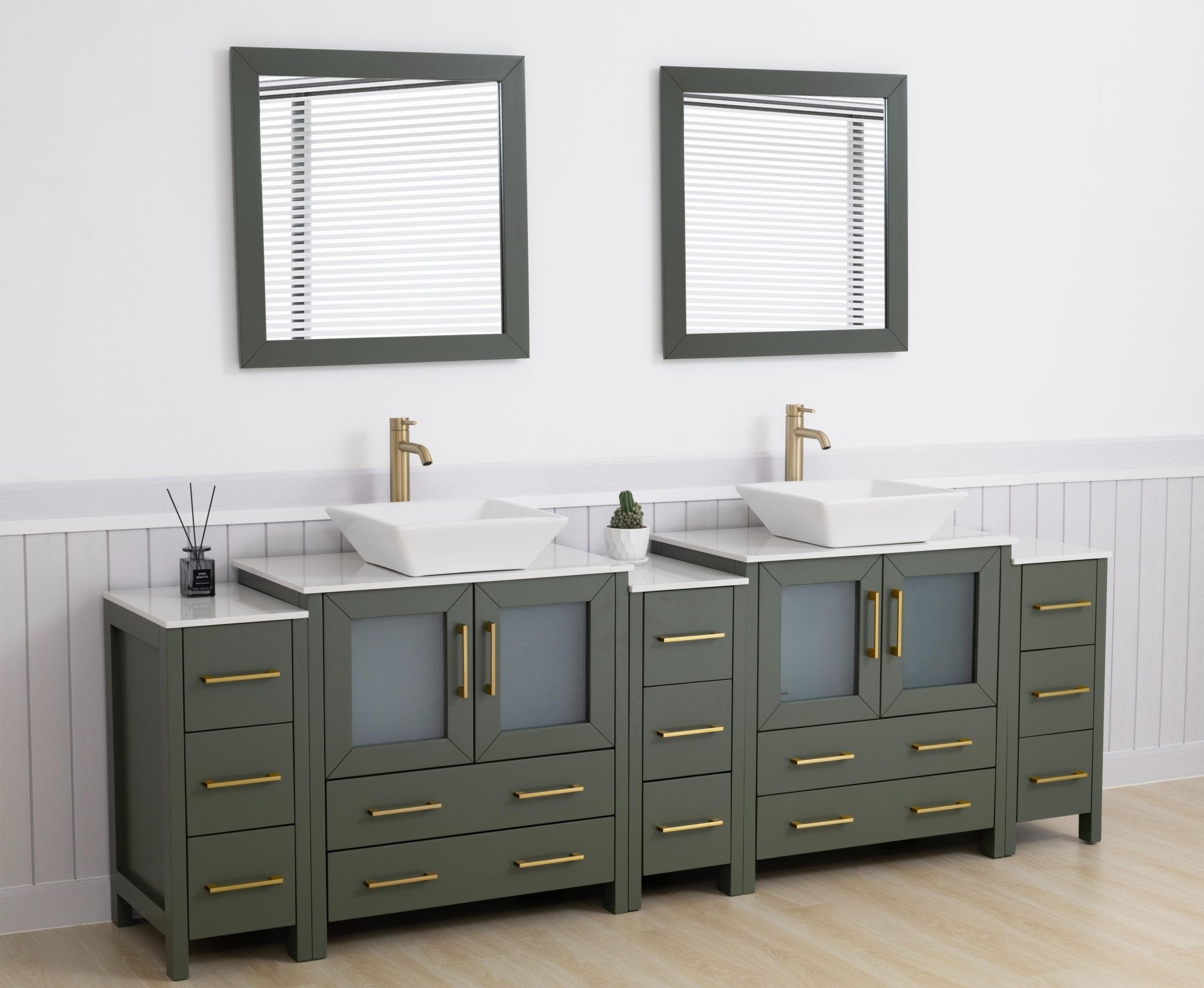 Vanity Art Monaco 96" Double Vessel Sink Bathroom Vanity Set with Engineered Marble Top and Mirrors - 3 Side Cabinets