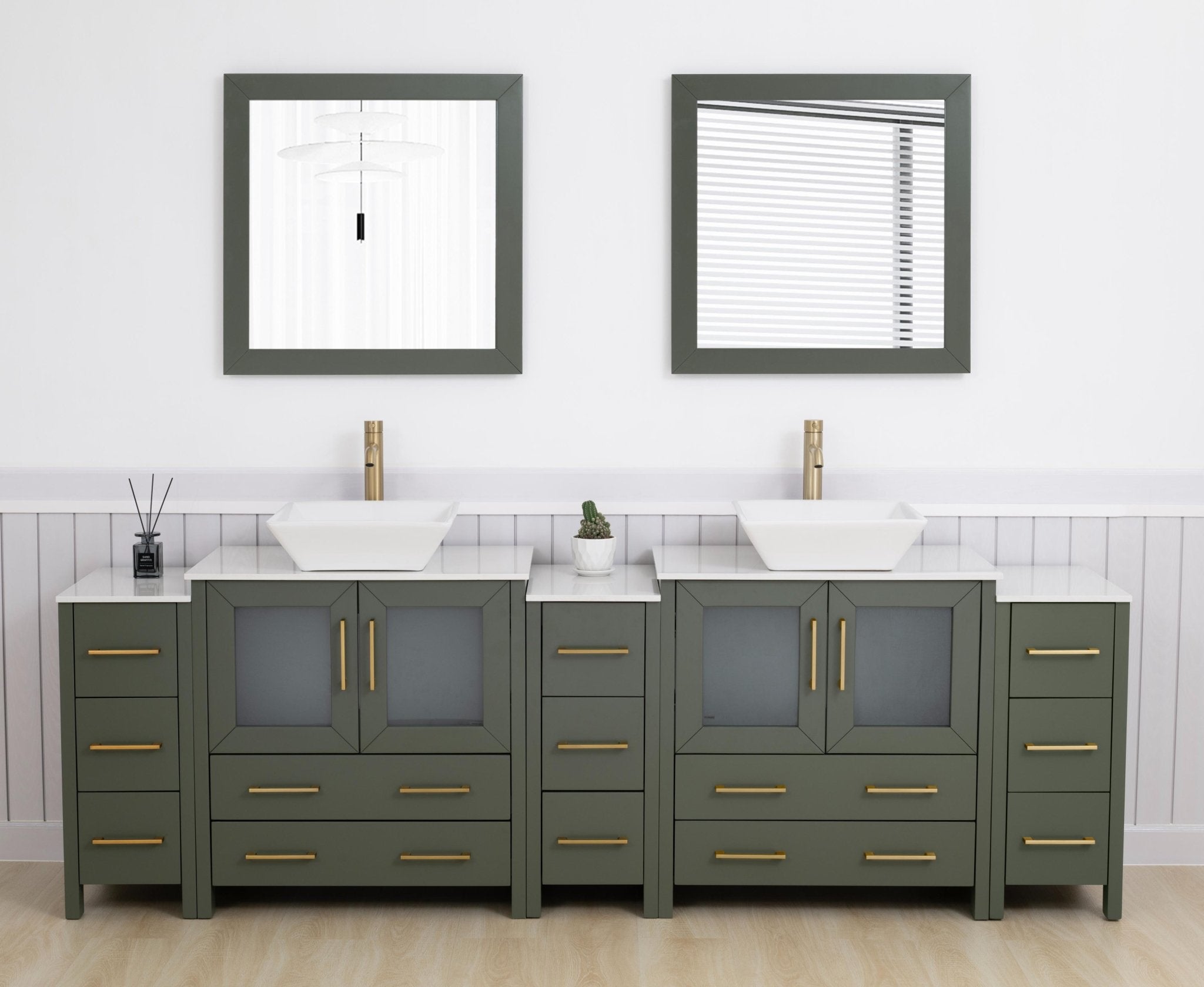Vanity Art Monaco 96" Double Vessel Sink Bathroom Vanity Set with Engineered Marble Top and Mirrors - 3 Side Cabinets