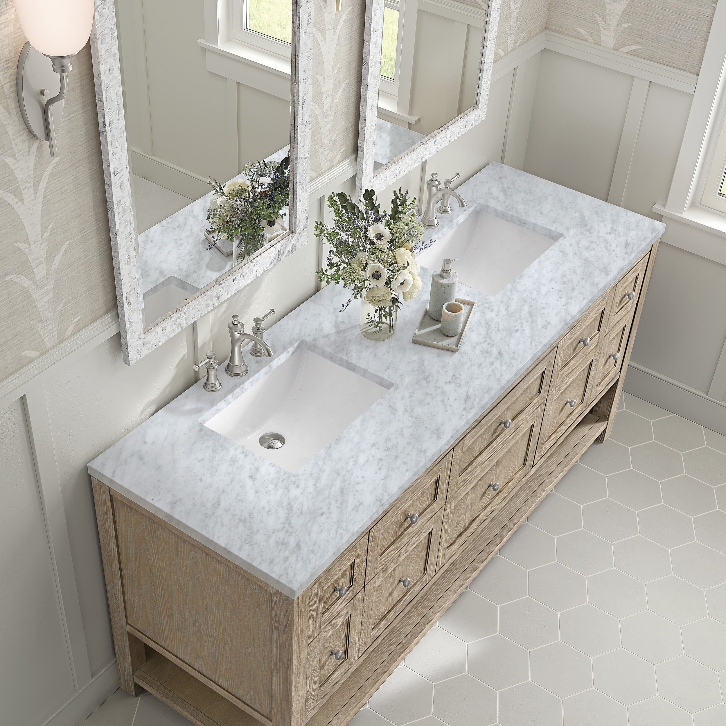 Whitewashed Oak / Carrara White - 3 Faucet Holes