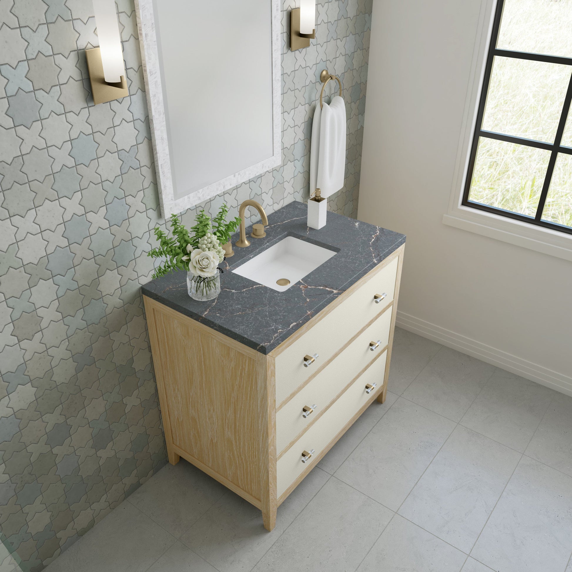 Sunwashed Oak with Embossed Shagreen Drawer Fronts / Parisien Bleu - 3 Faucet Holes