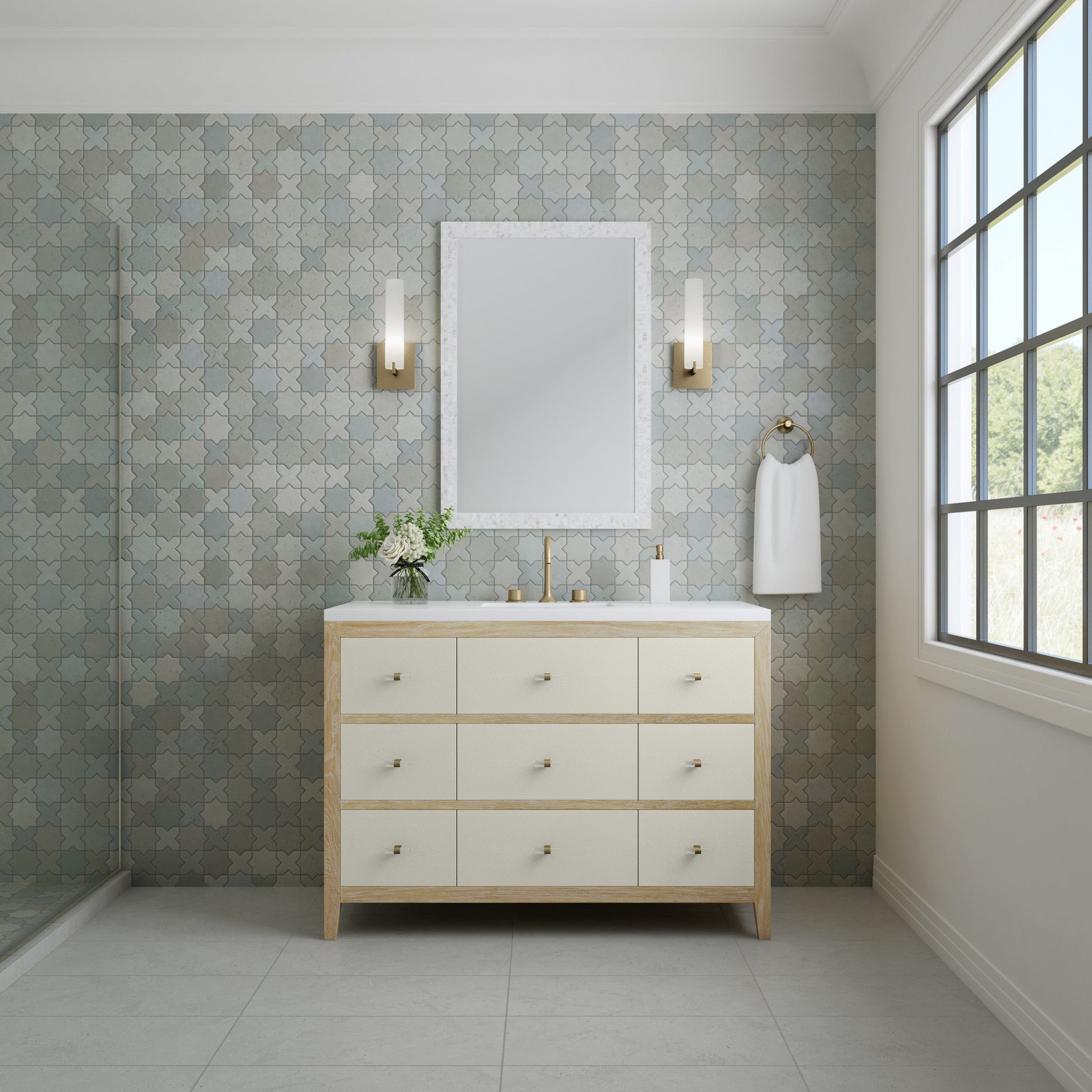 Sunwashed Oak with Embossed Shagreen Drawer Fronts / White Zeus - 3 Faucet Holes