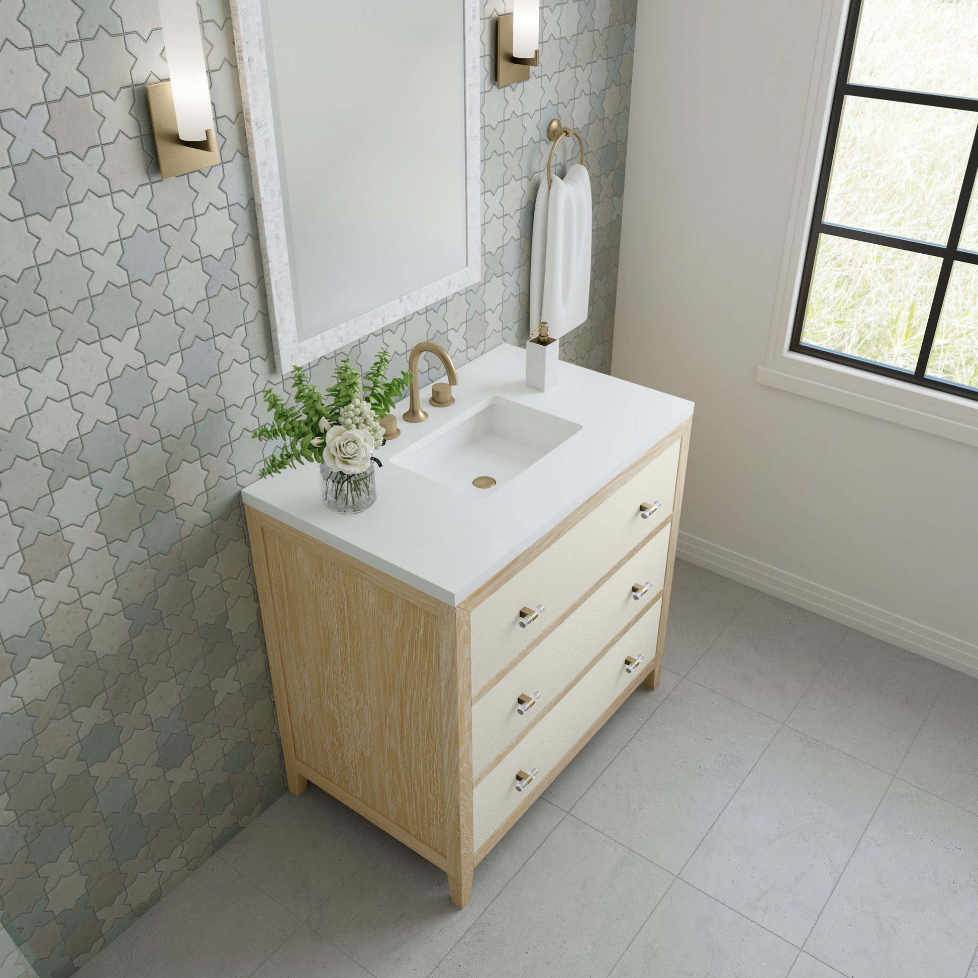 Sunwashed Oak with Embossed Shagreen Drawer Fronts / White Zeus - 3 Faucet Holes