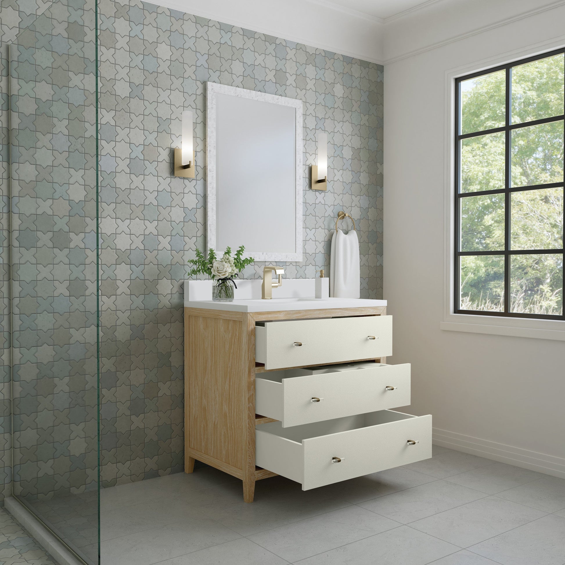 Sunwashed Oak with Embossed Shagreen Drawer Fronts / White Zeus - 1 Faucet Hole