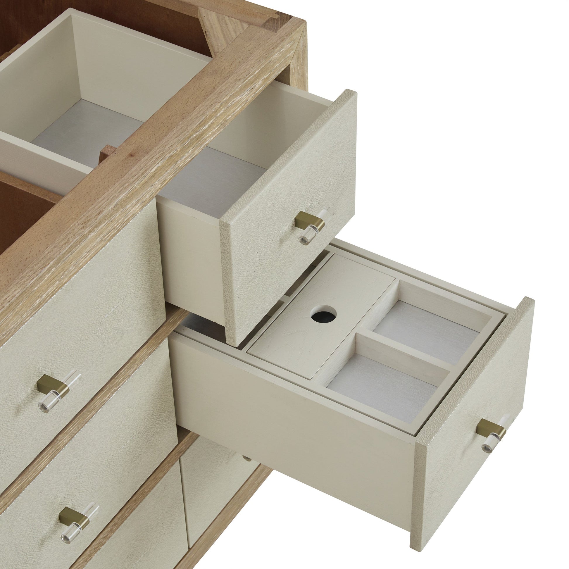 Sunwashed Oak with Embossed Shagreen Drawer Fronts / White Zeus - 3 Faucet Holes