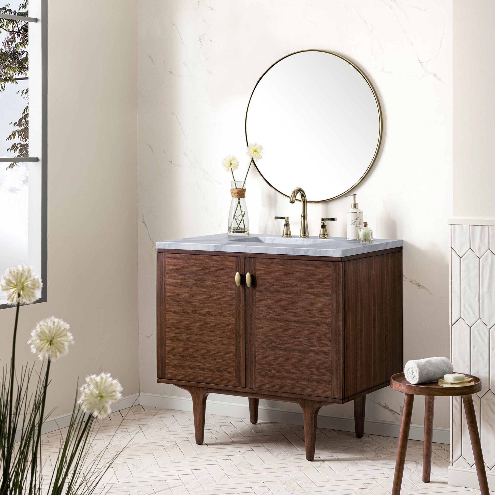 Mid-Century Walnut / Carrara White - 3 Faucet Holes