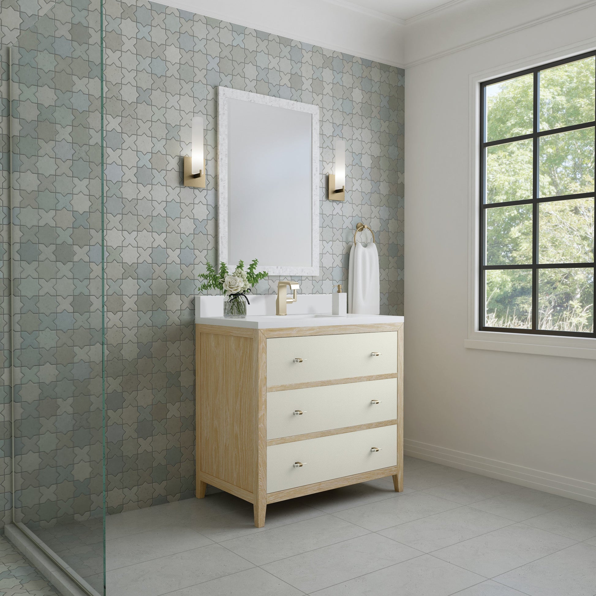 Sunwashed Oak with Embossed Shagreen Drawer Fronts / White Zeus - 1 Faucet Hole