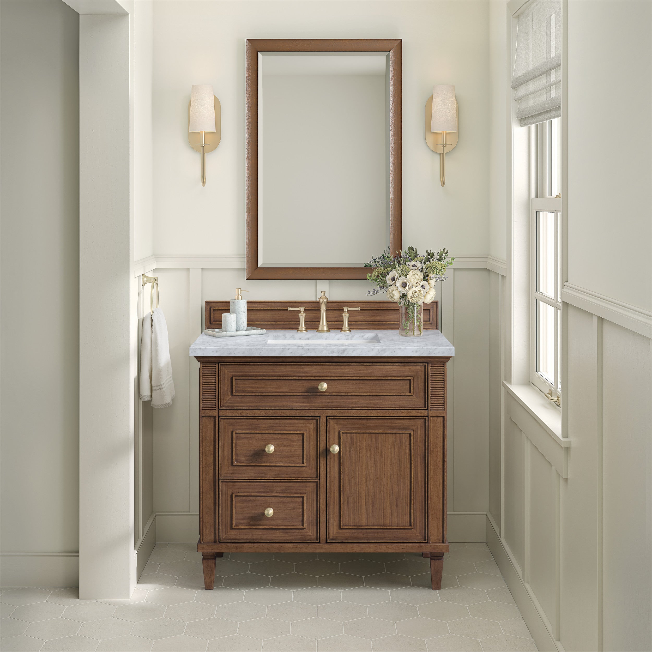 Mid-Century Walnut / Carrara White - 3 Faucet Holes