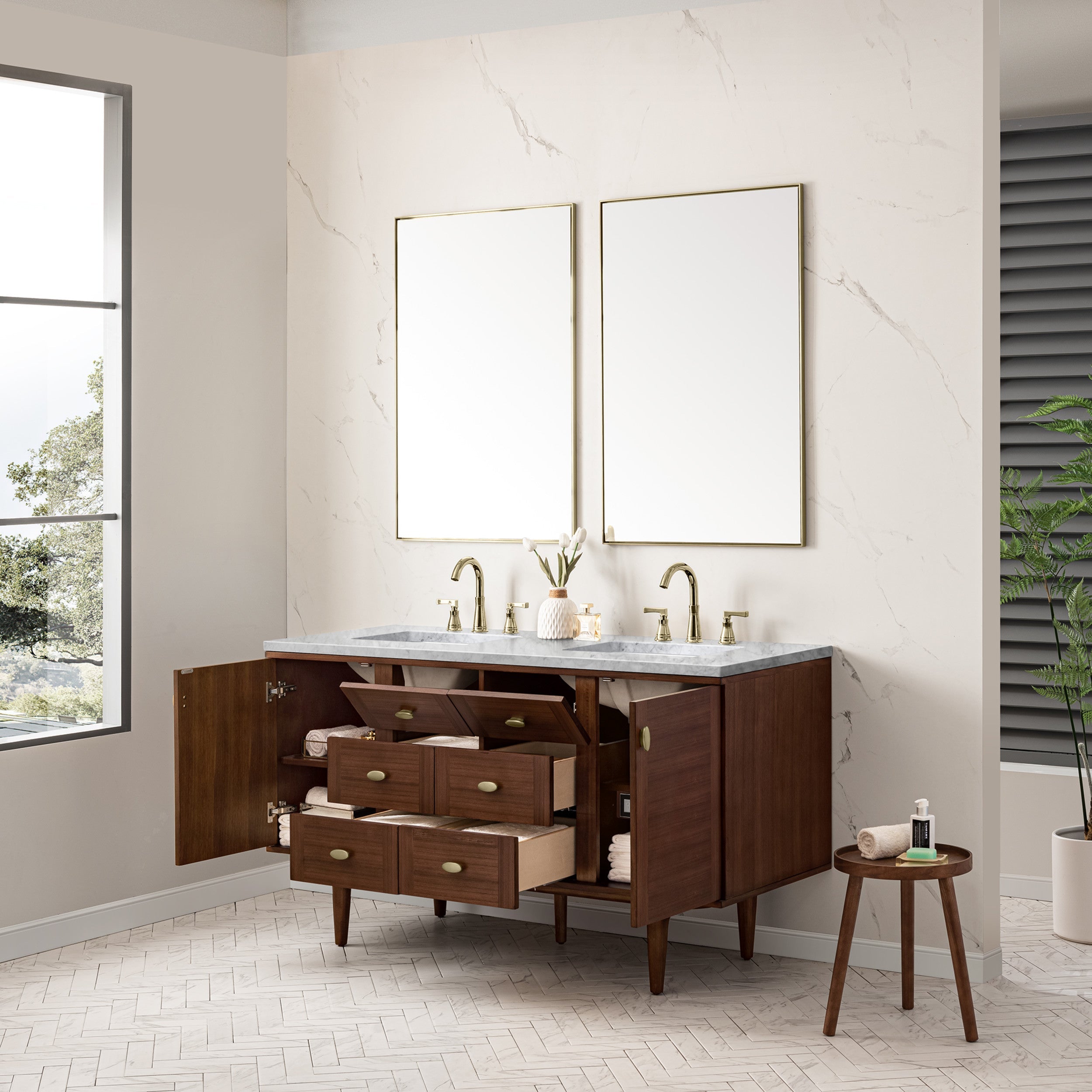 Mid-Century Walnut / Carrara White - 3 Faucet Holes