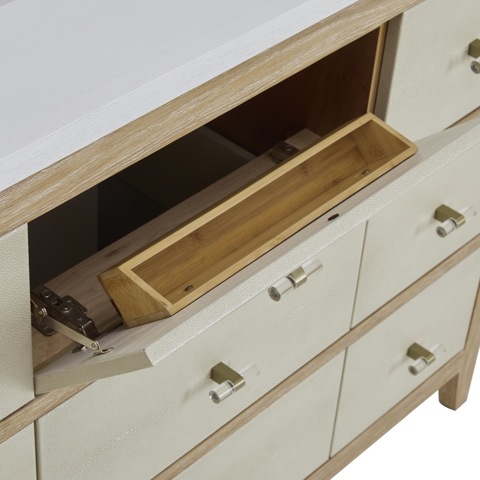 Sunwashed Oak with Embossed Shagreen Drawer Fronts / White Zeus - 3 Faucet Holes