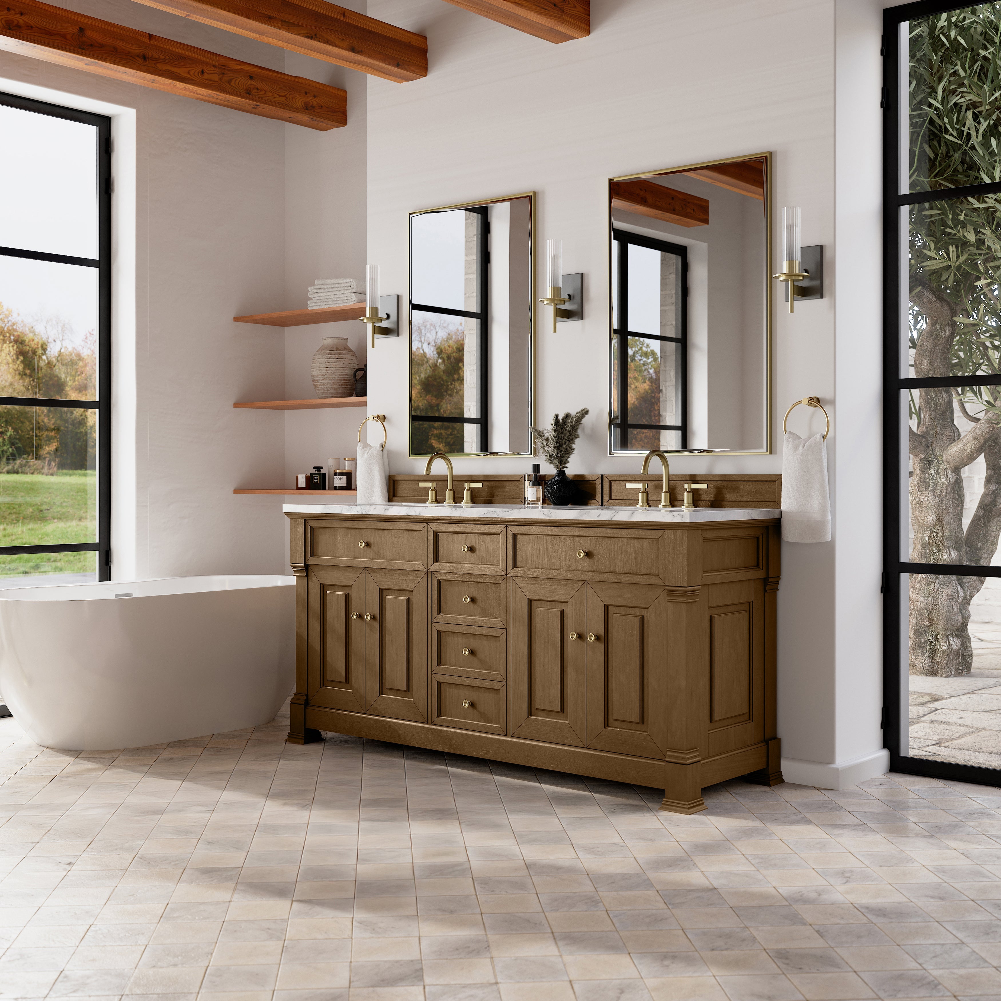 Honey Oak / Carrara White - 3 Faucet Holes