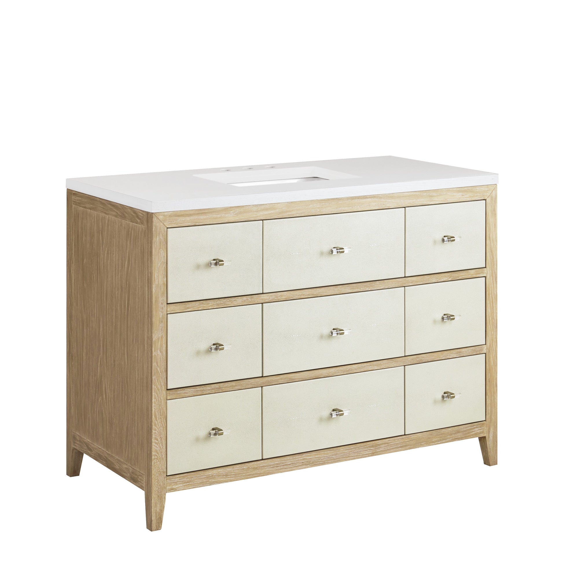 Sunwashed Oak with Embossed Shagreen Drawer Fronts / White Zeus - 3 Faucet Holes