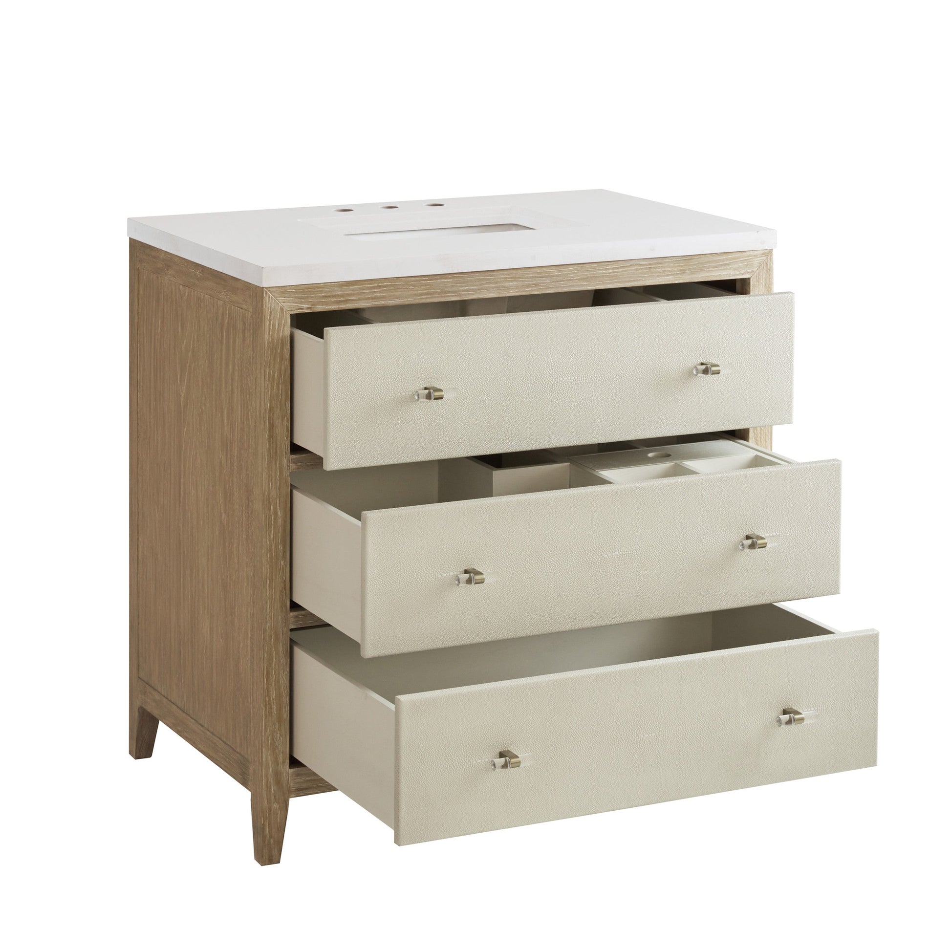 Sunwashed Oak with Embossed Shagreen Drawer Fronts / White Zeus - 3 Faucet Holes