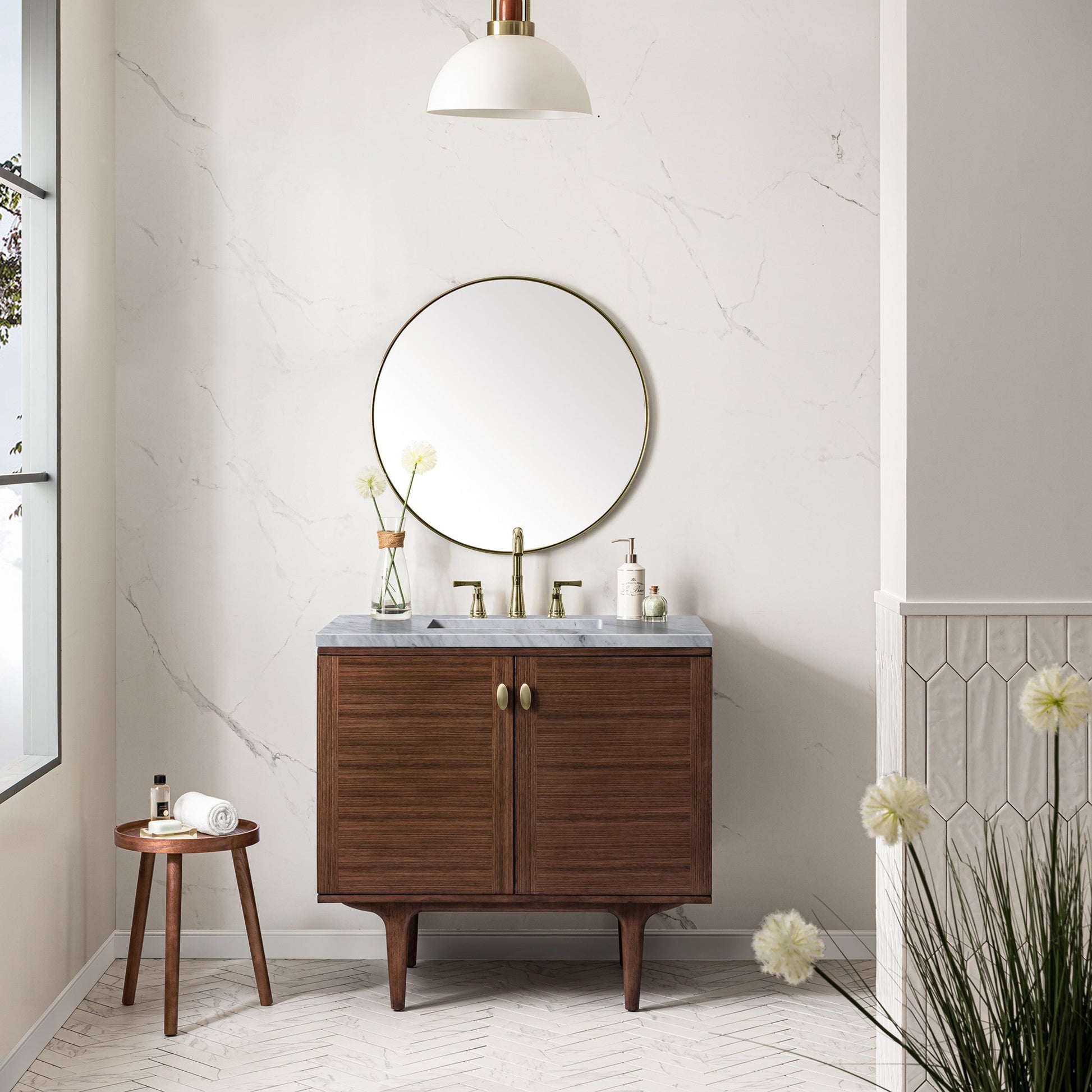 Mid-Century Walnut / Carrara White - 3 Faucet Holes